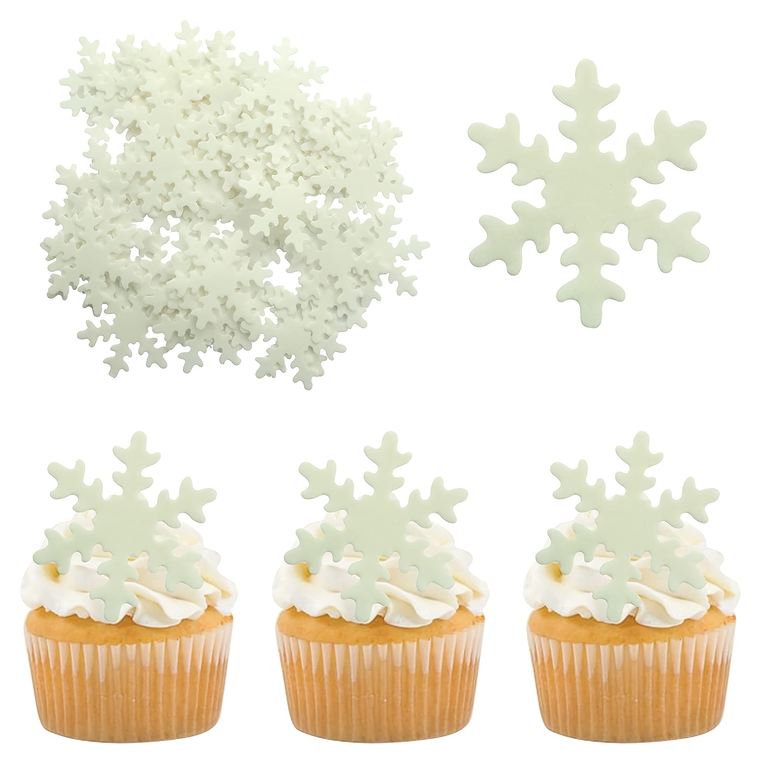 Morofme Edible Snowflake Cake Topper, 50pcs Edible Frozen Cake Decorations, Winter Cupcake Topper, White Edible Snowflake Cupcake Toppers for