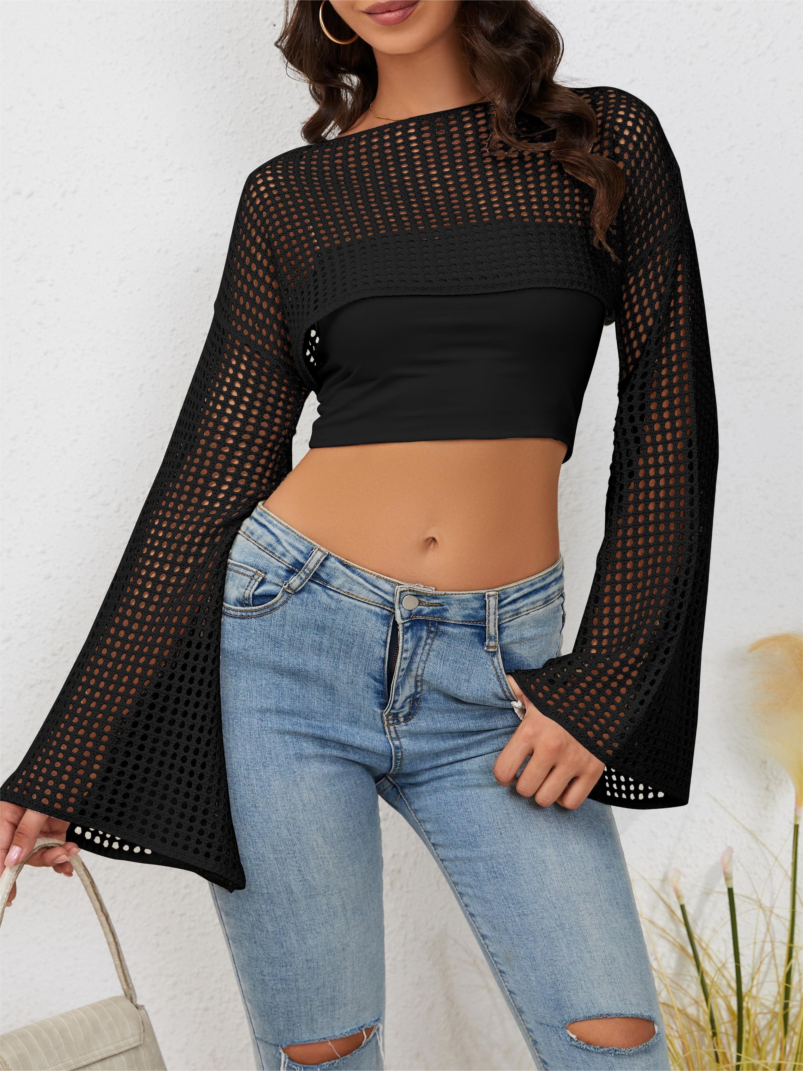 Y2k Knitted Crop Top Long Sleeve Solid Casual Knitted Top - Temu