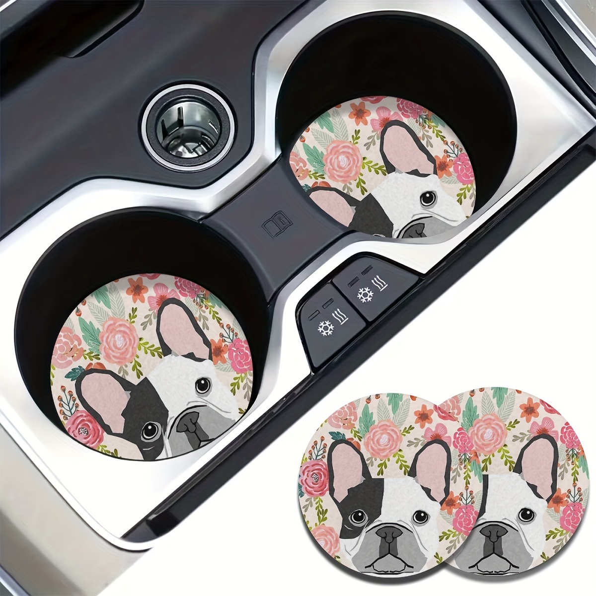 

2pcs French Bulldog & Florals Absorbent Car Cup Holder Coaster Mats - Car Interior Accessories, Water Cup Coasters For Car Vehicles & Home Desk