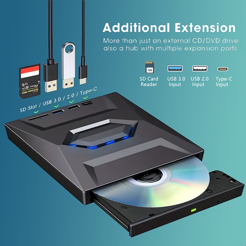 External DVD Drive, USB 3.0 Type-C CD DVD +/-RW Burner Optical