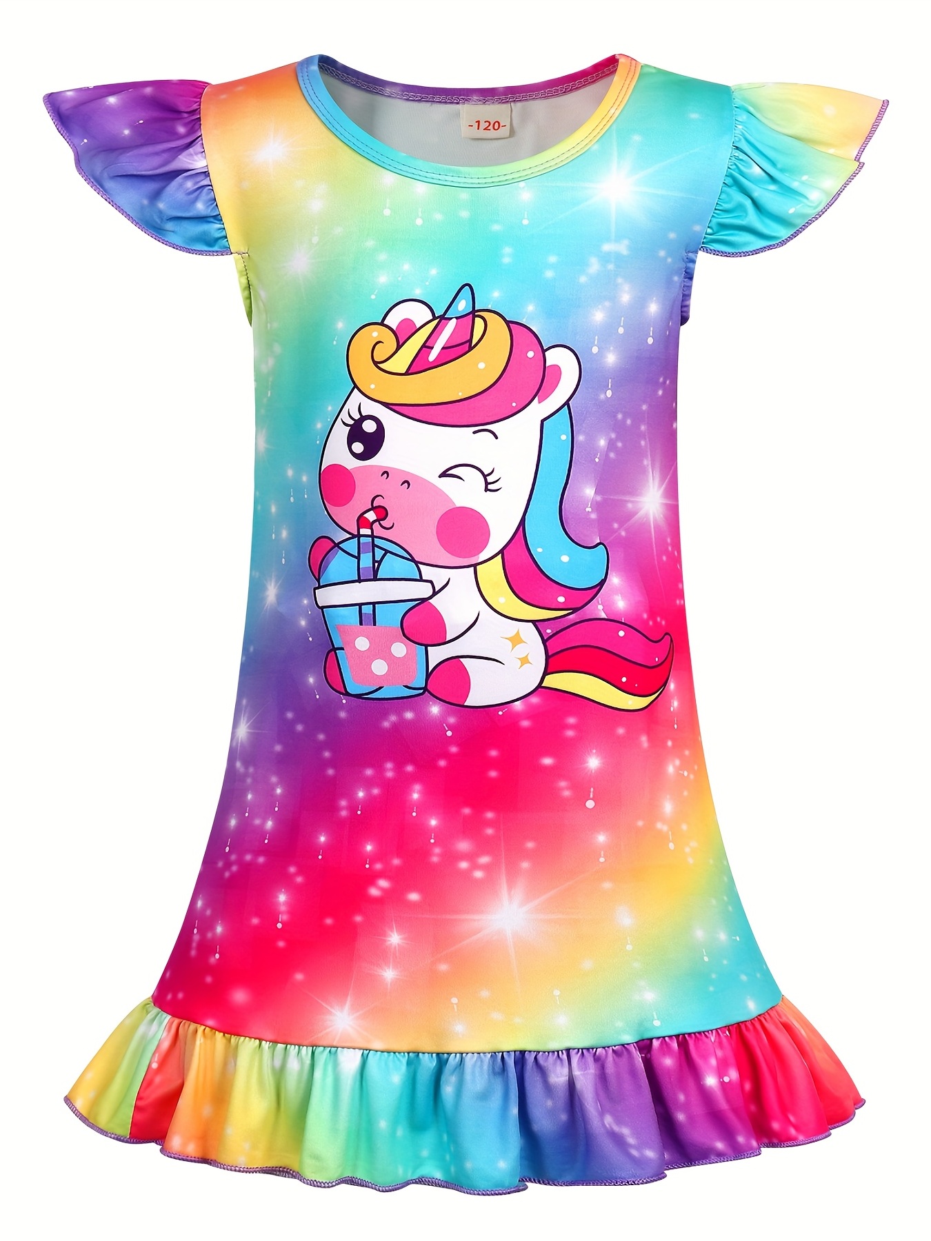 girls unicorn print nightdress kids short sleeve ruffle hem nightgowns sleepwear pajama dresses kids summer clothes details 5