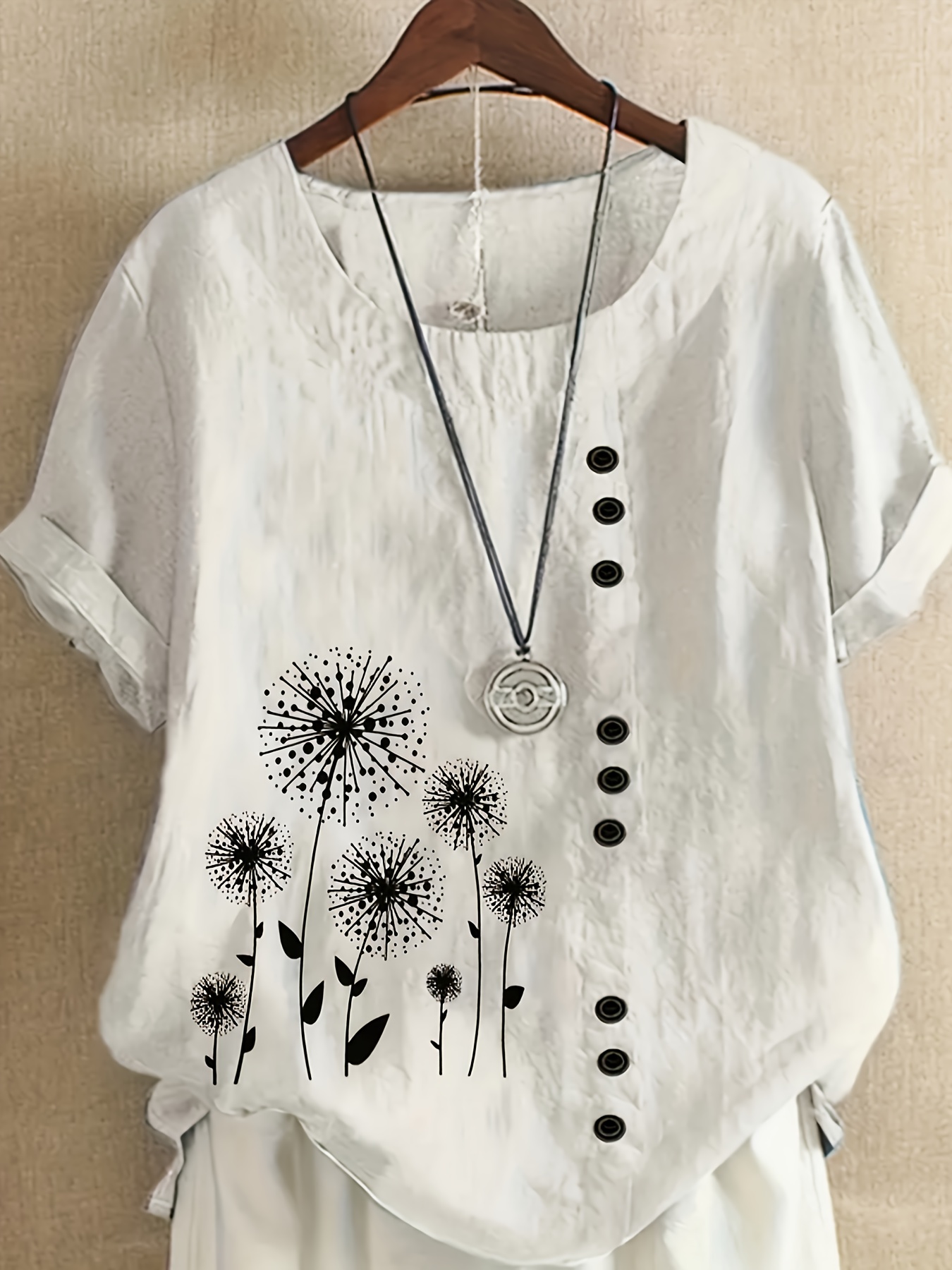 Women Linen Cotton Floral Embroidery Blouse High Low Tops Shirt Long Sleeve  Tee