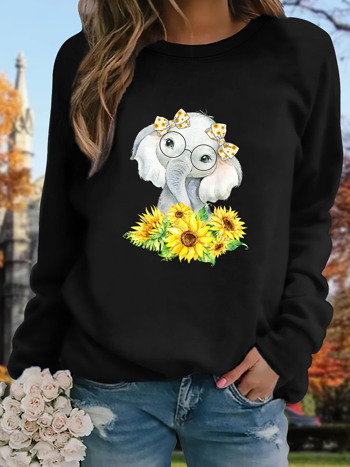 Camiseta Cuello Redondo Estampado Elefante Girasol Camiseta Temu