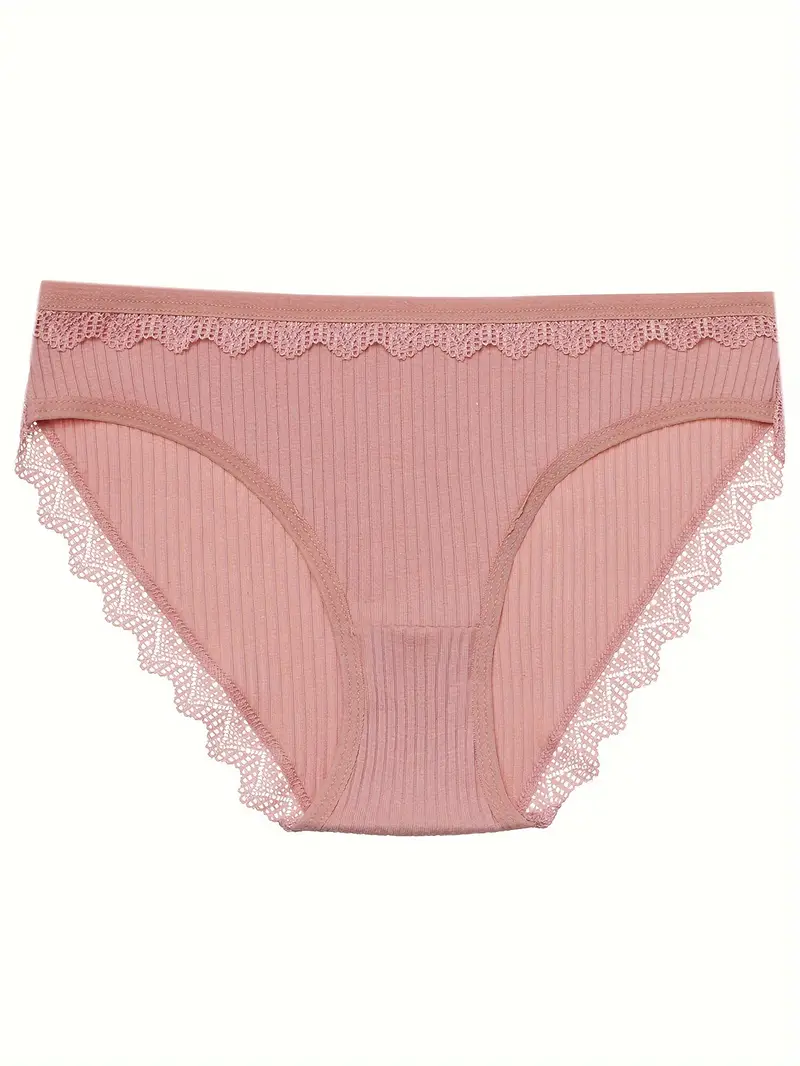 Lace Trim Ribbed Briefs Comfy Breathable Intimates Panties - Temu Canada