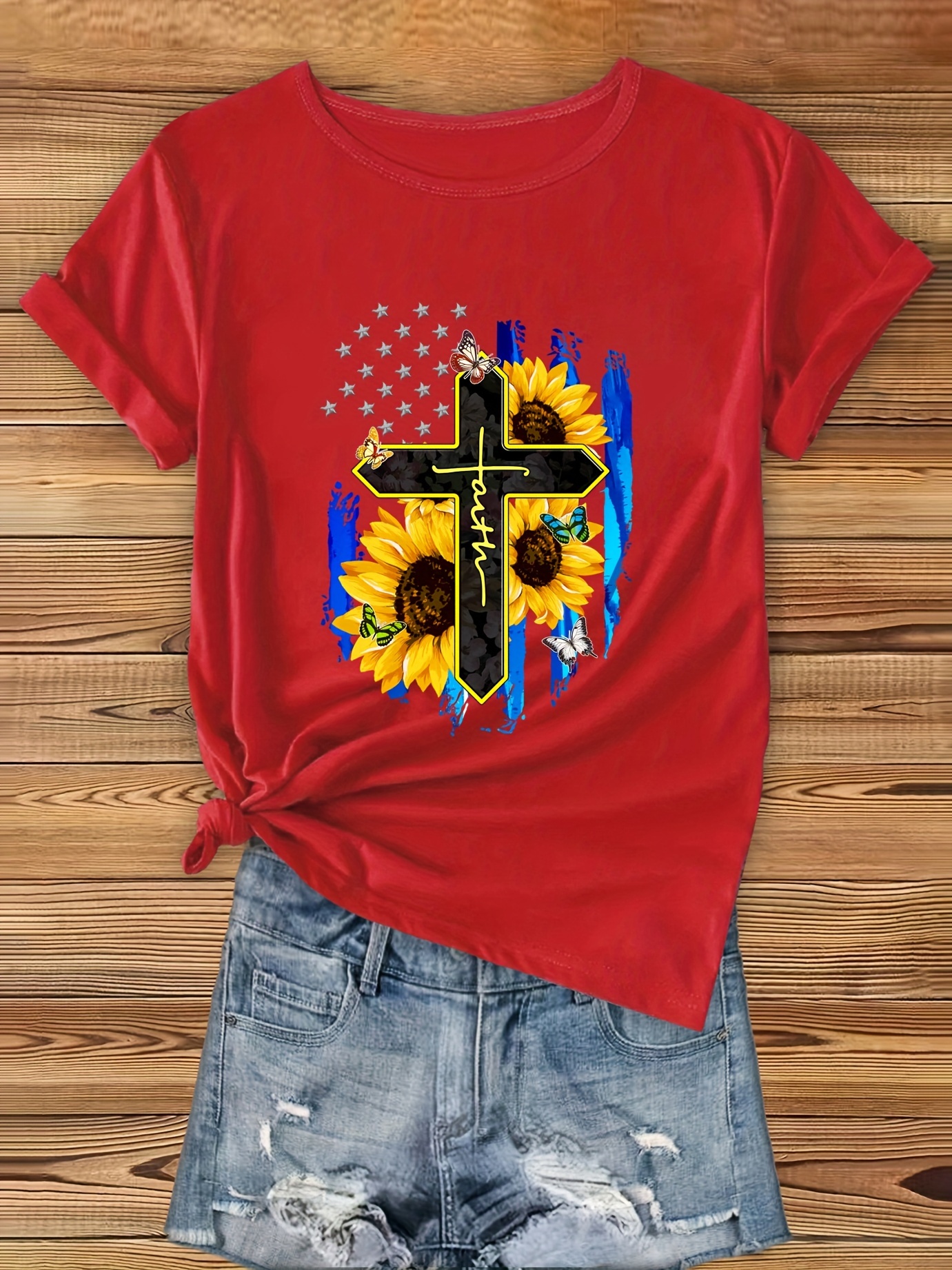 Faith Cross Sunflower Print T shirt Casual Crew Neck Short - Temu