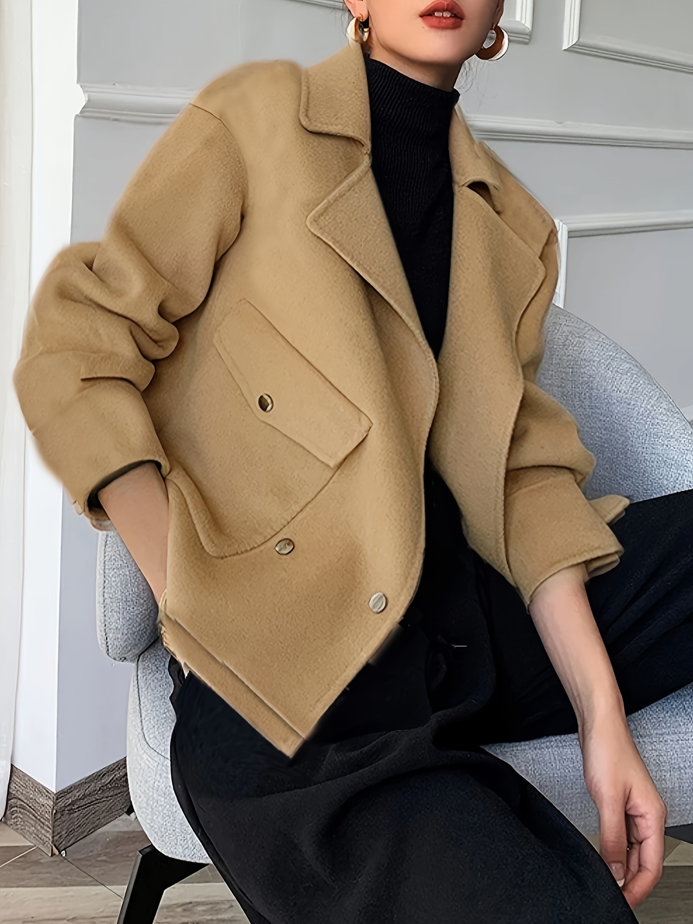 Button Plaid Lapel Jacket, Casual Flap Pockets Long Sleeve Crop Jacket,  Women's Clothing - Temu