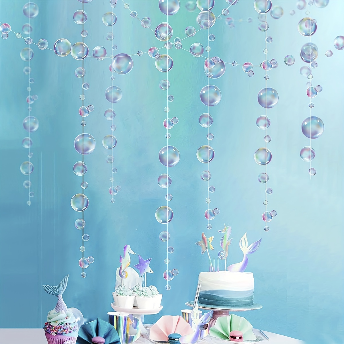 2pcs Bubble Garlands Mermaid Party Decoration Colored Blue Flat Cutouts  Hanging Streamer For Birthday Baptism Wedding Ocean Wall Decal Baby Shower