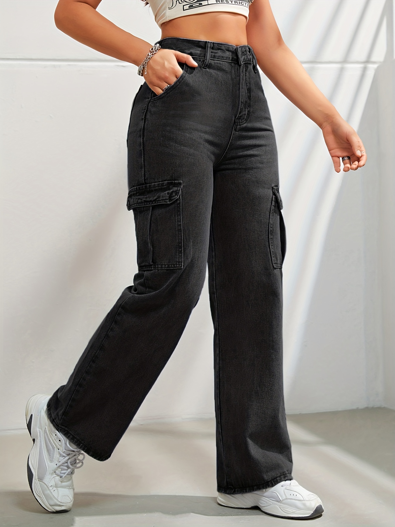 Side Flap Pocket High Waist Denim Cargo Pants Light Washed - Temu United  Arab Emirates