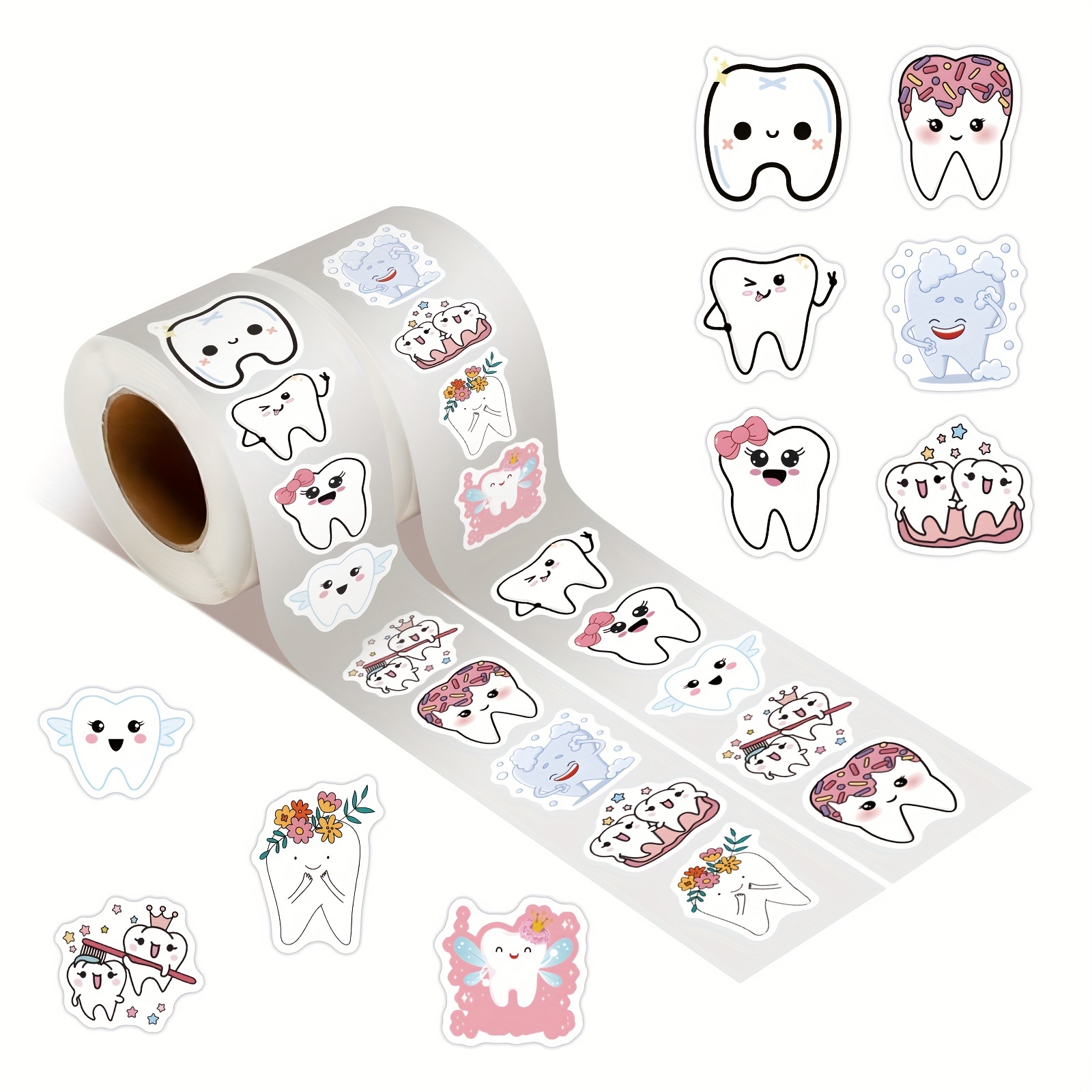 

500pcs Tooth Stickers Roll Dental Stickers Tooth Fairy Stickers Pack Vinyl Waterproof For Water Bottle Laptop Notebook Phone Skateboard Luggage