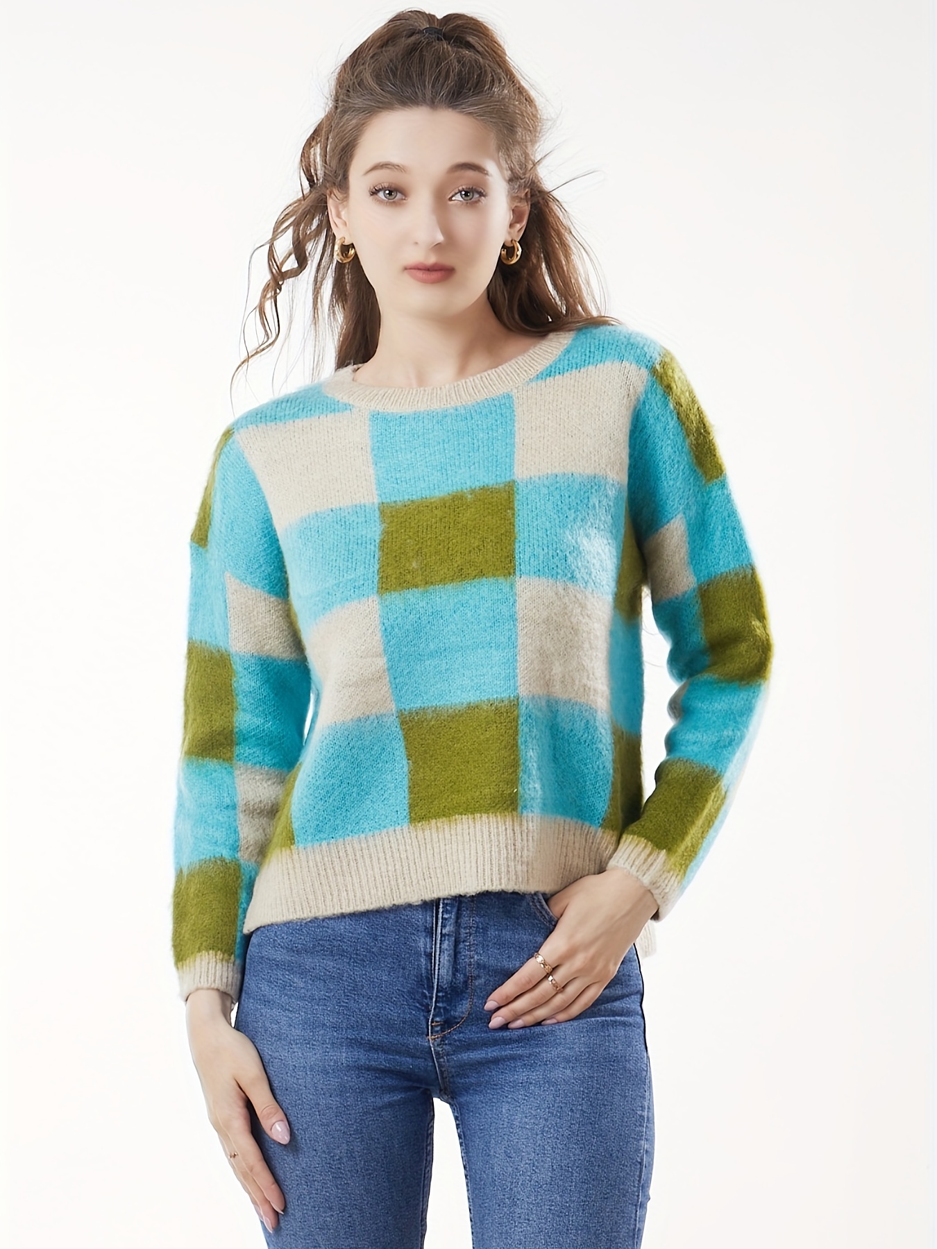 Plaid Pattern Crew Neck Pullover Sweater, Casual Long Sleeve