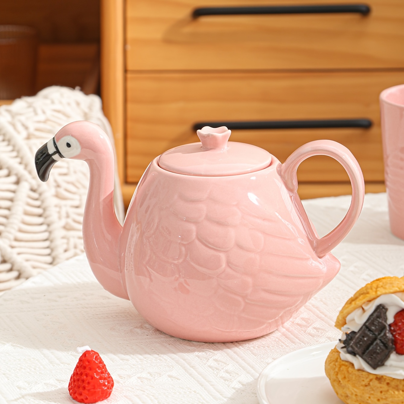 Teapot Set with Cup Cute Pink Flamingo Shape Ceramic Tea Pot Cup Kitchen Use