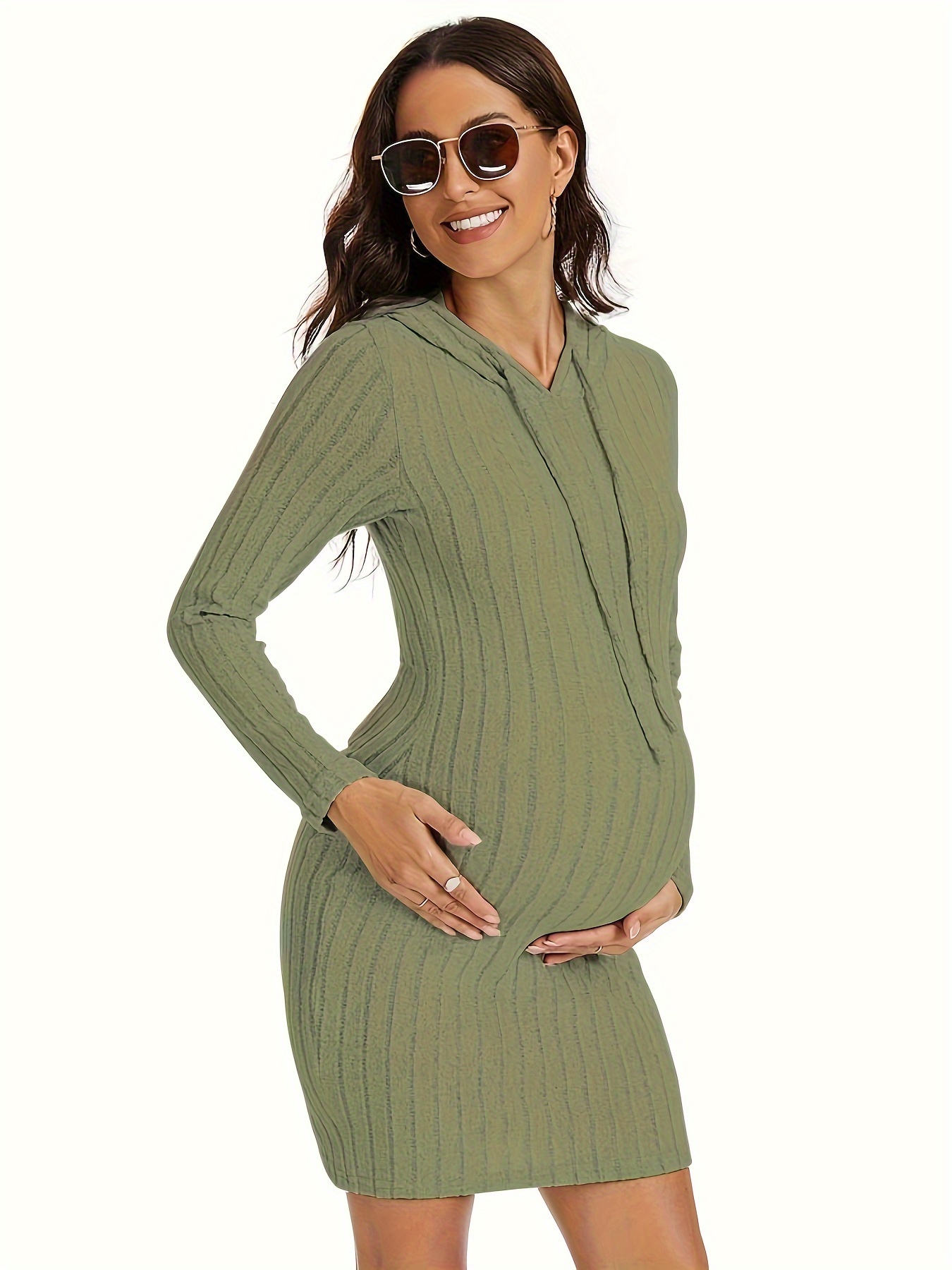 Pregnant Women's Maternity Elegant Knitted High Elastic Dress, Long Sleeve  Solid Crew Neck Slim Fit Dress
