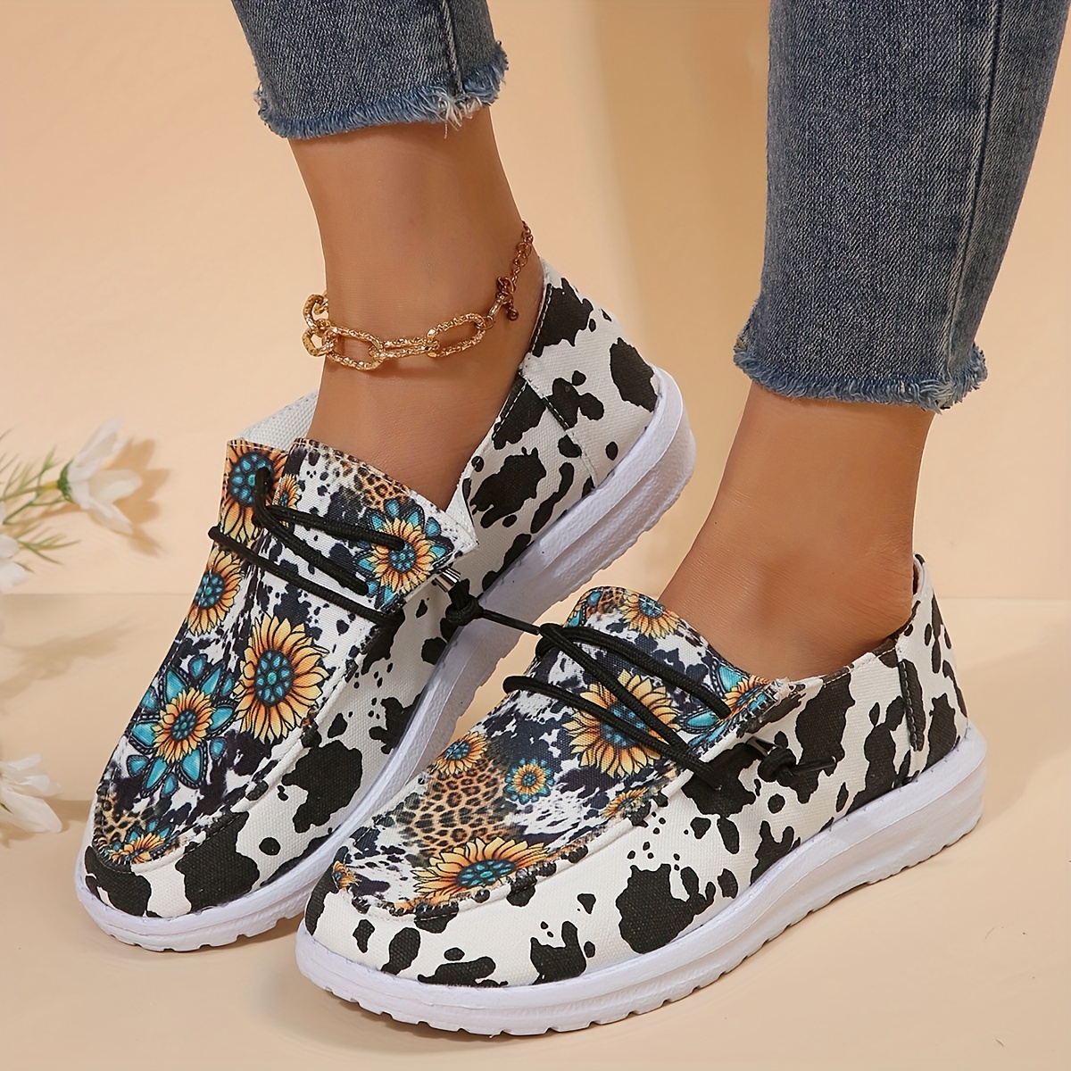Sunflower & Cow Print Boat Shoes Lightweight Flats