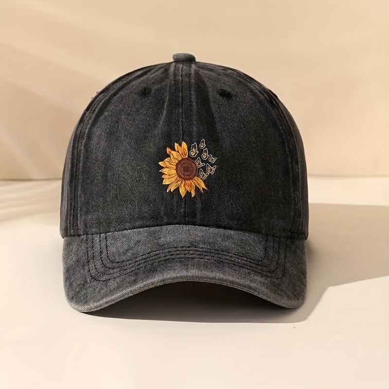 

Butterfly & Sunflower Print Baseball Cap, Washed Distressed Vintage Hat For Man