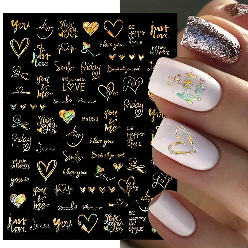 3d Holographic Laser Heart Nail Stickers Self - Temu