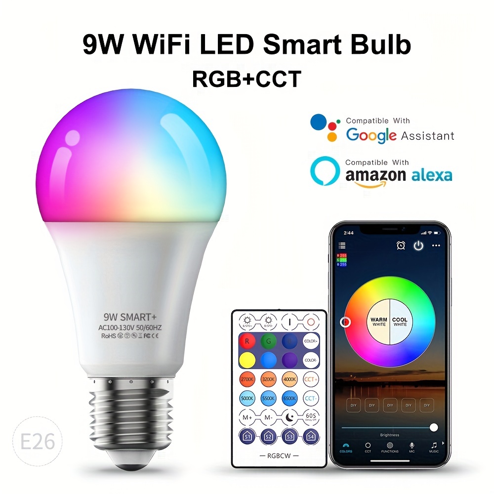 Bombillas LED equivalentes a 70 W, bombilla RGB que cambia de color, 2  estados de ánimo/memoria/sincronización/regulable, base de tornillo A19  E26