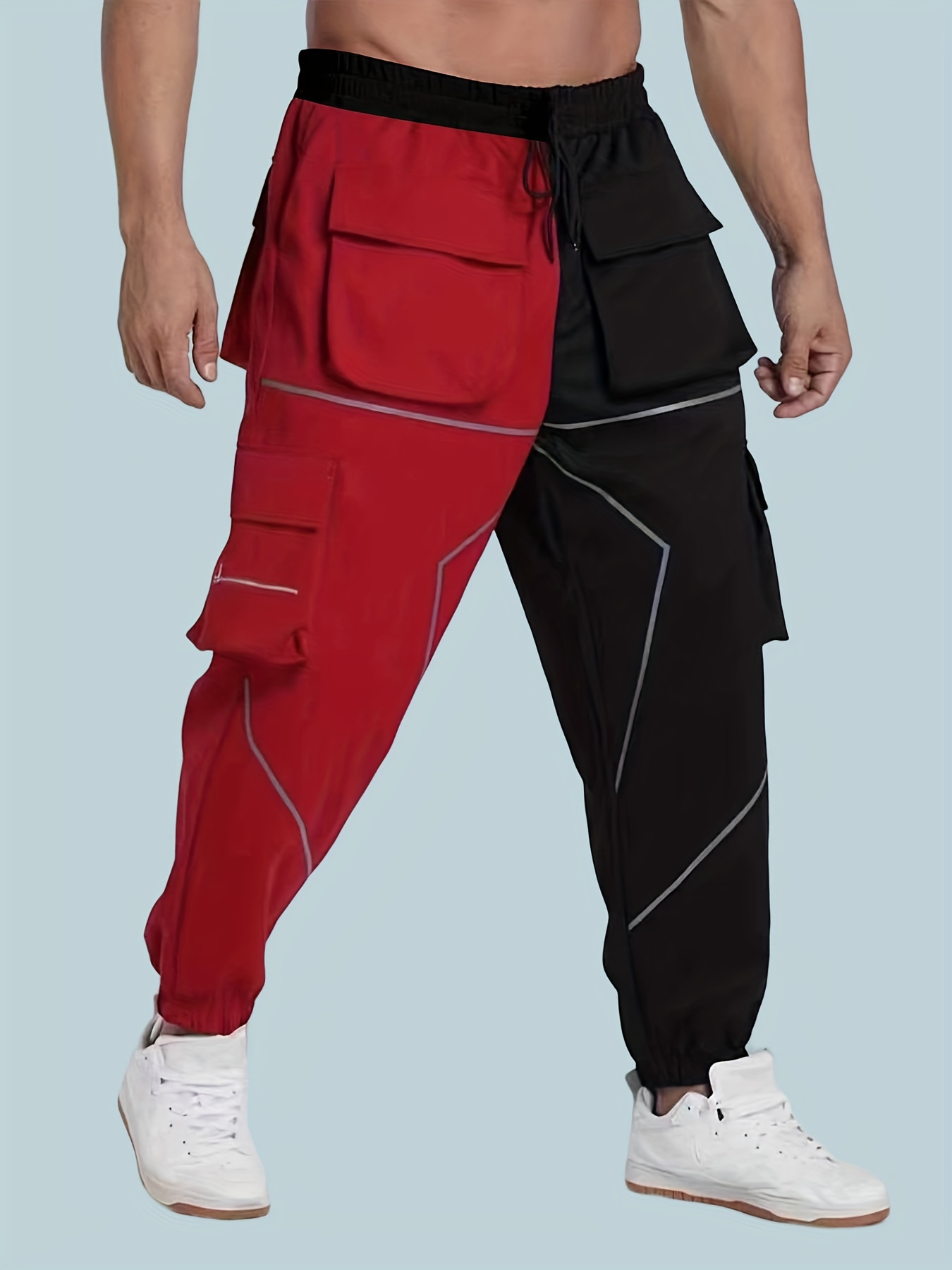 Color Block Multi Pocket Cargo Pants Men's Casual Drawstring