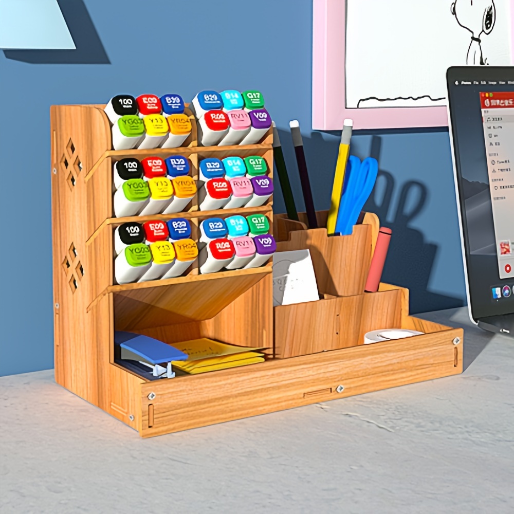 Wooden Desk Organizer DIY Pen Pencil Holder Storage Rack with Drawer  Post-it for Sticker Office School Home stationery Supplies