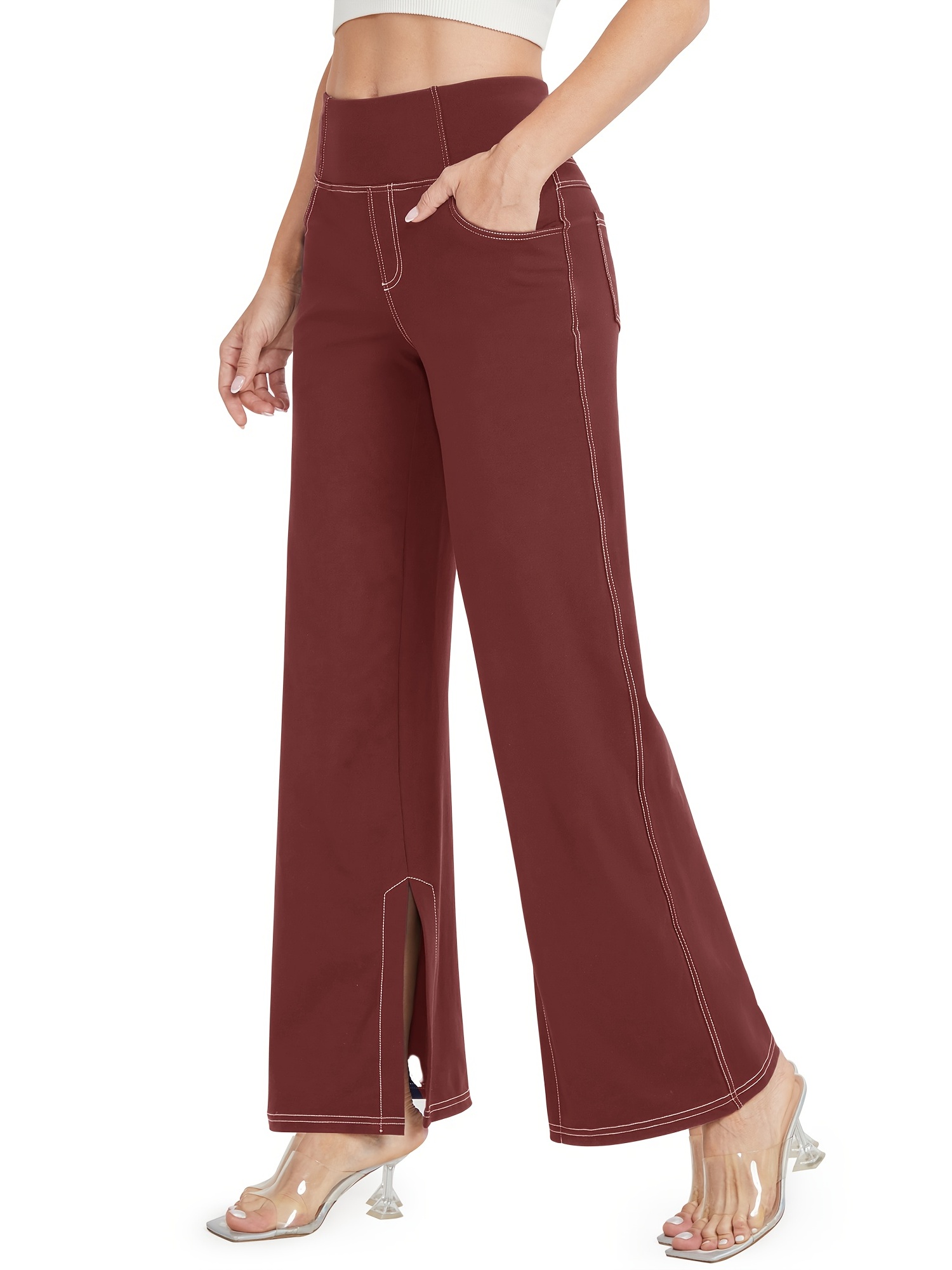 Solid Color Slash Pocket Yoga Pants Loose Split Wide Legs - Temu
