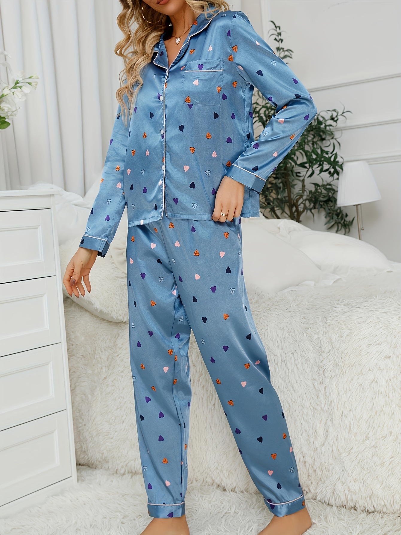 Womens Black Pajama Set Comfy Lapel Long Sleeve Pajamas & Long Pants Heart  Print Button Down Sleepwear Lightweight Pjs