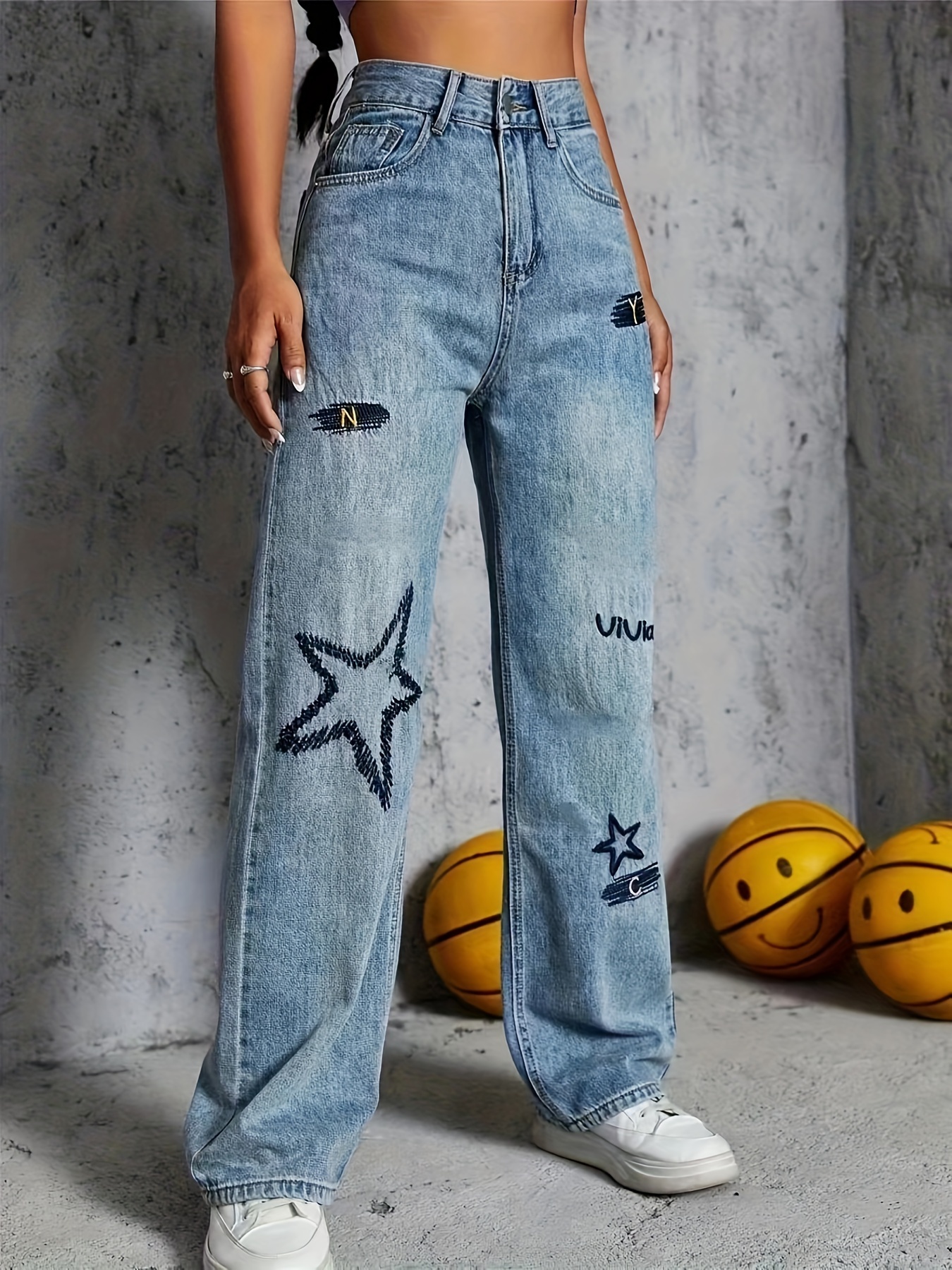 Jeans sueltos de pierta recta y tiro alto con apliqué en forma de estrella,  pantalones de mezclilla para mujer