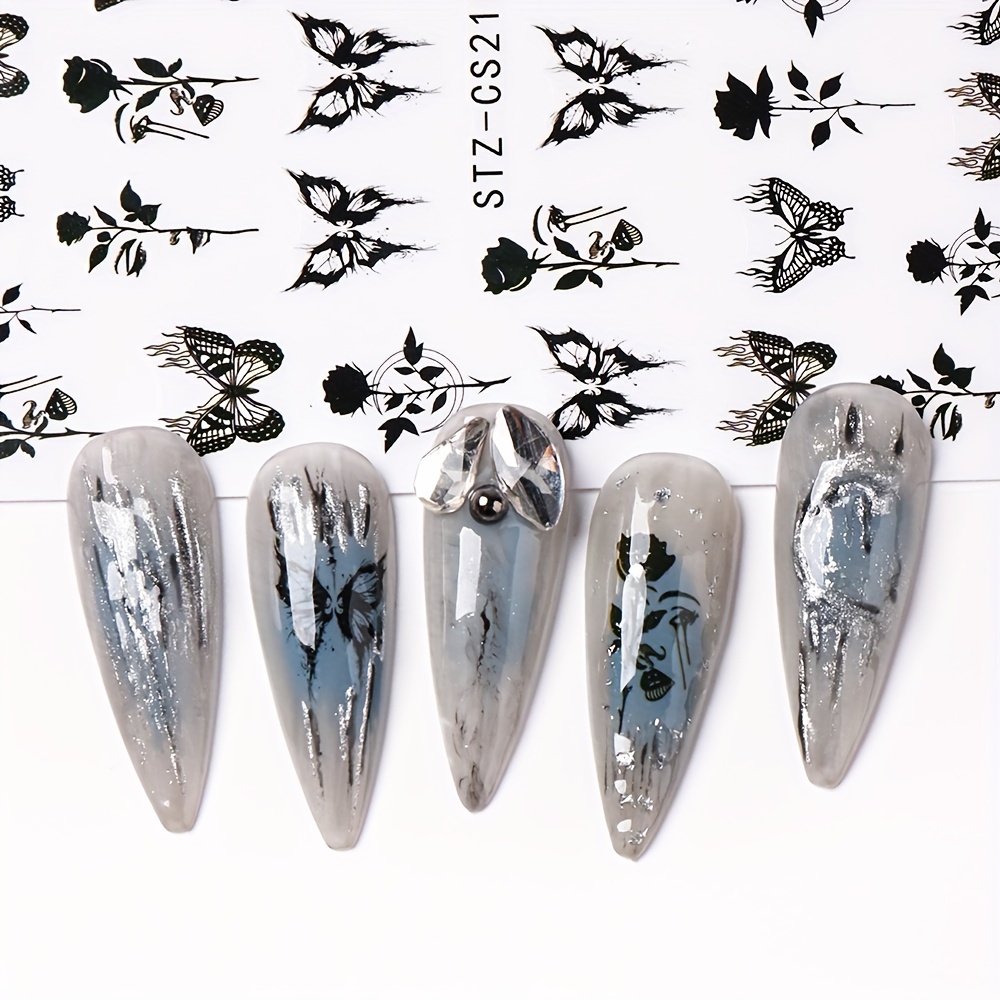 Gothic Nail Art Stickers Self Adhesive Decals Rose Butterfly Skull Designs