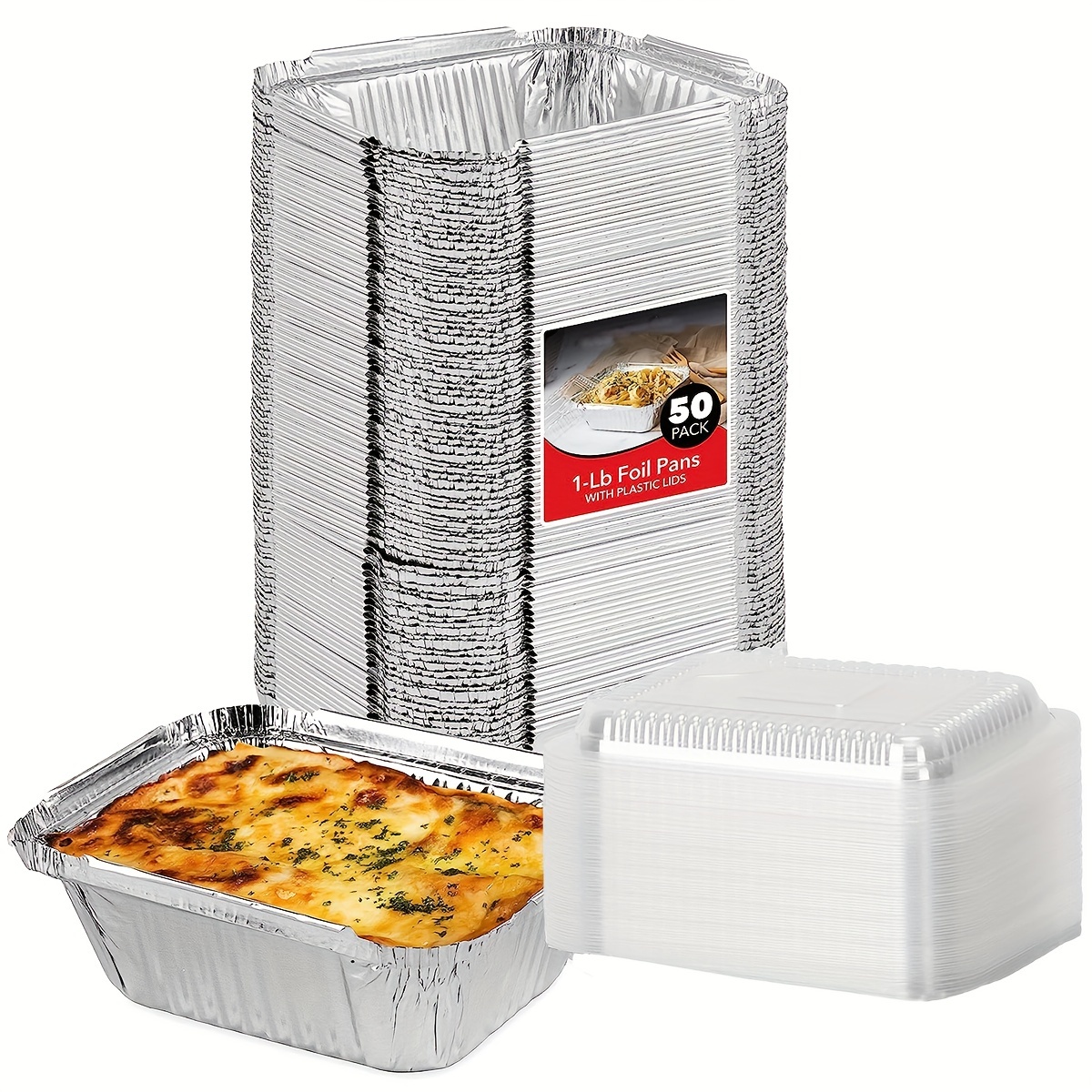 Fit Meal Prep 50 Pack 1 lb Aluminum Foil Pans with Clear Lids, 6 x 5 x 2  Disposable Aluminum Food Take Out Containers, Heavy Duty Aluminum Baking  Pan