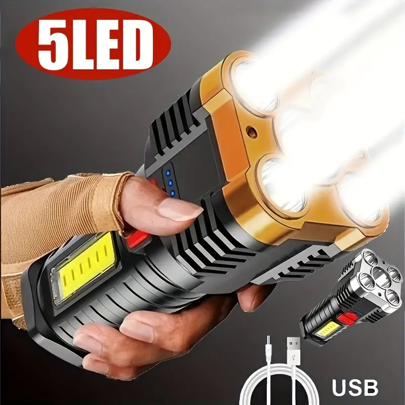 USB Rechargeable Strong 5 LED Flashlight with COB Side Searchlight (2 colors)