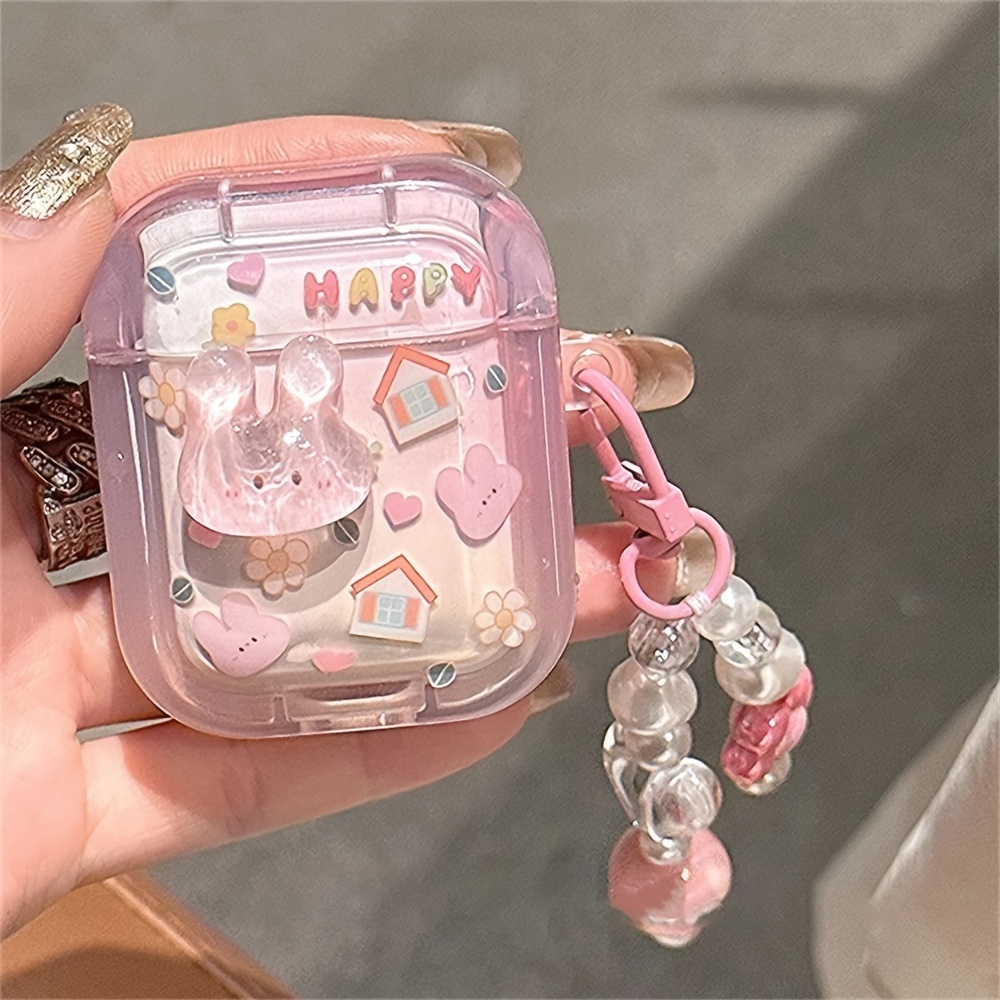 

Cute Cartoon 3d Pink Rabbit Y2k Headphones Case For Airpods 1 2 3 With Kawaii Dog Tulip Pendant Protective Shell Soft Cover For