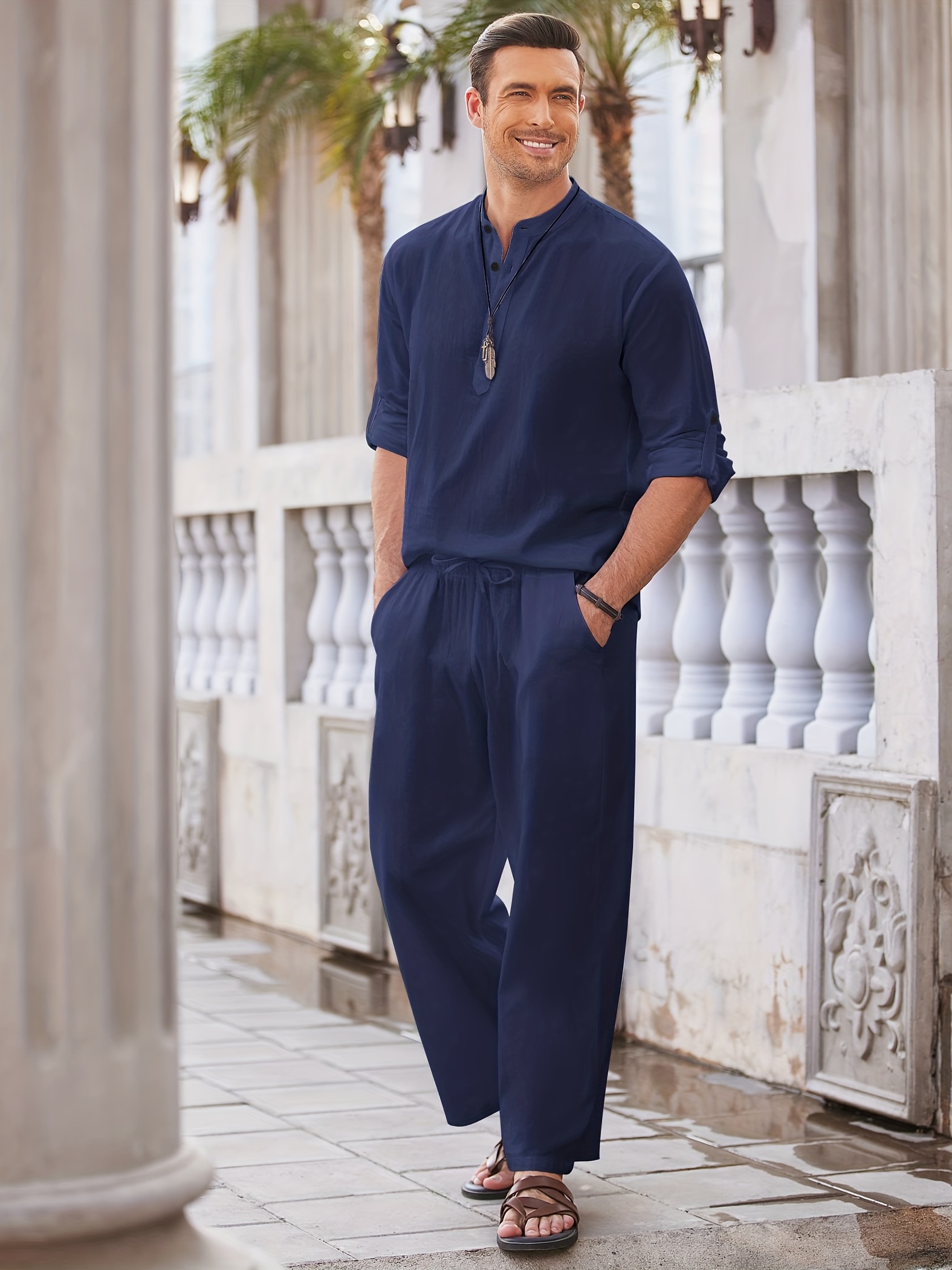 Navy Long Sleeve Shirt with Linen Pants Outfits For Men After 50