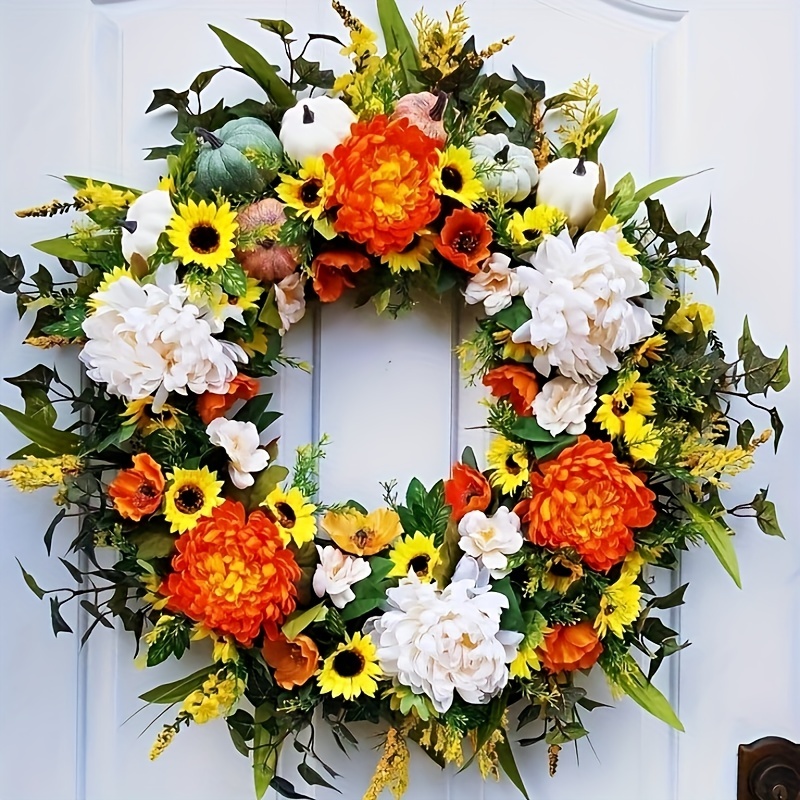 1pc Spring Harvest Festival Wreath Fall Decor Wreath For Front Door Summer  Peony And Sunflower Wreaths For Front Porch Farmhouse Home Decor