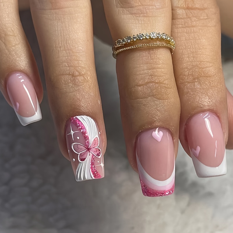 Pink White Glitter False Nail Short Square Press on Nails for Nails Art  24pcs