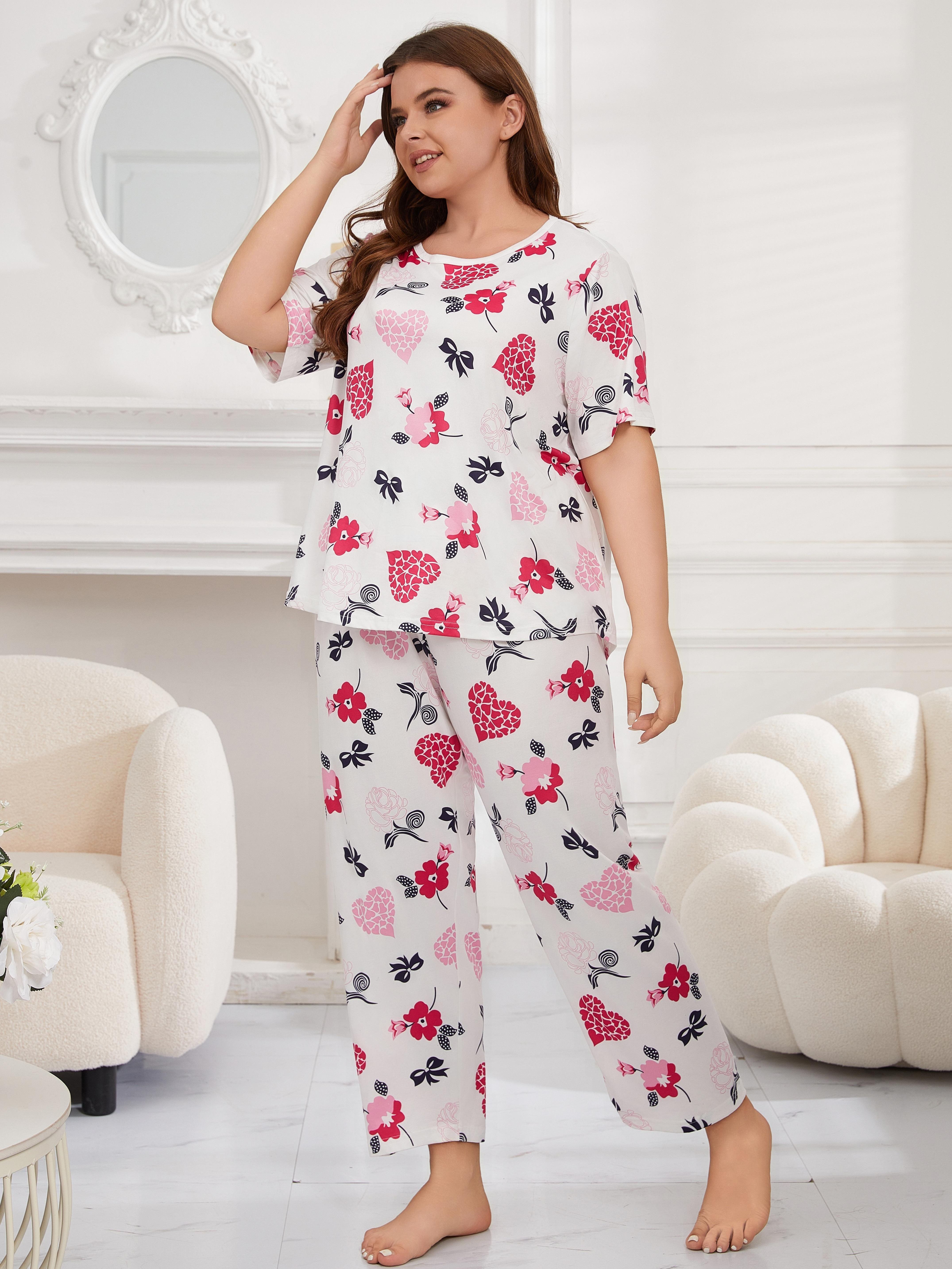 Plus Size Elegant Pajamas Set Women's Plus Floral Heart Bow - Temu Canada