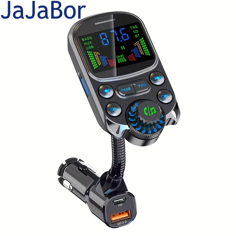 JaJaBor Coche Transmisor FM Inalámbrico 5,3 Manos Libres Kit De Coche Bajo  3,5mm AUX Receptor De Audio QC3.0 PD 30W Carga Rápida Reproductor De Mp3
