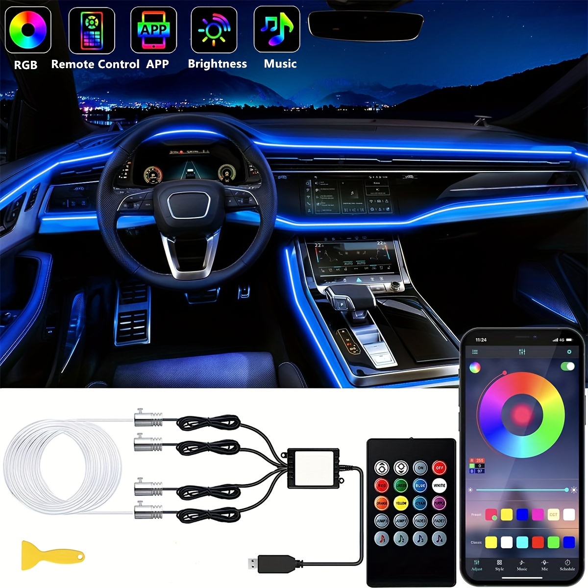 Led light strip for Cars Inside auto Lighting interior Glow Color music  control