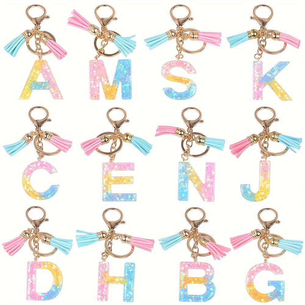 1pc Cute Creative Letter Alphabet Keychain Crystal Acrylic Liquid Keychain Women Key Chains Ring Car Bag Tassels Pendent Charm Gift Accessories,Temu