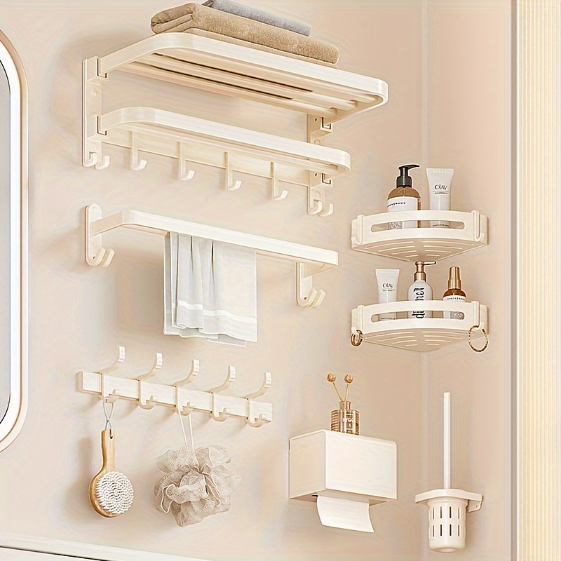 Non-perforated Wall Mounted Bathroom Storage Rack With Towel Bar, Hooks,  And Toilet Drain Rack - Corner Storage For Toilet, Restroom, And Washstand  - Temu