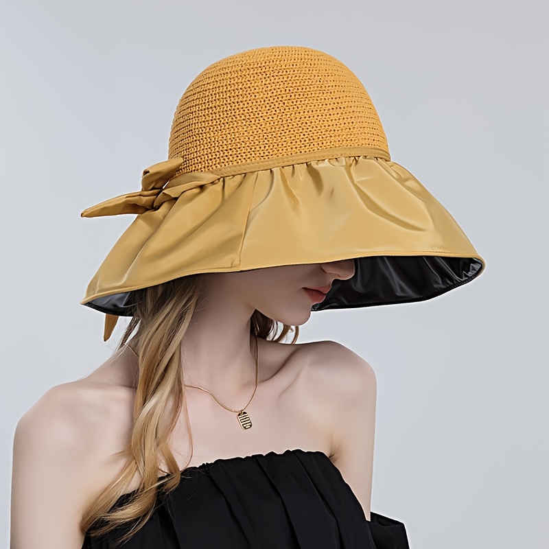 Wide Brim Straw Hat with Bow Decor, Pleated UV Protection Sunshades Beach Fishing Hat, Bucket Hat, Sun Hat,Temu
