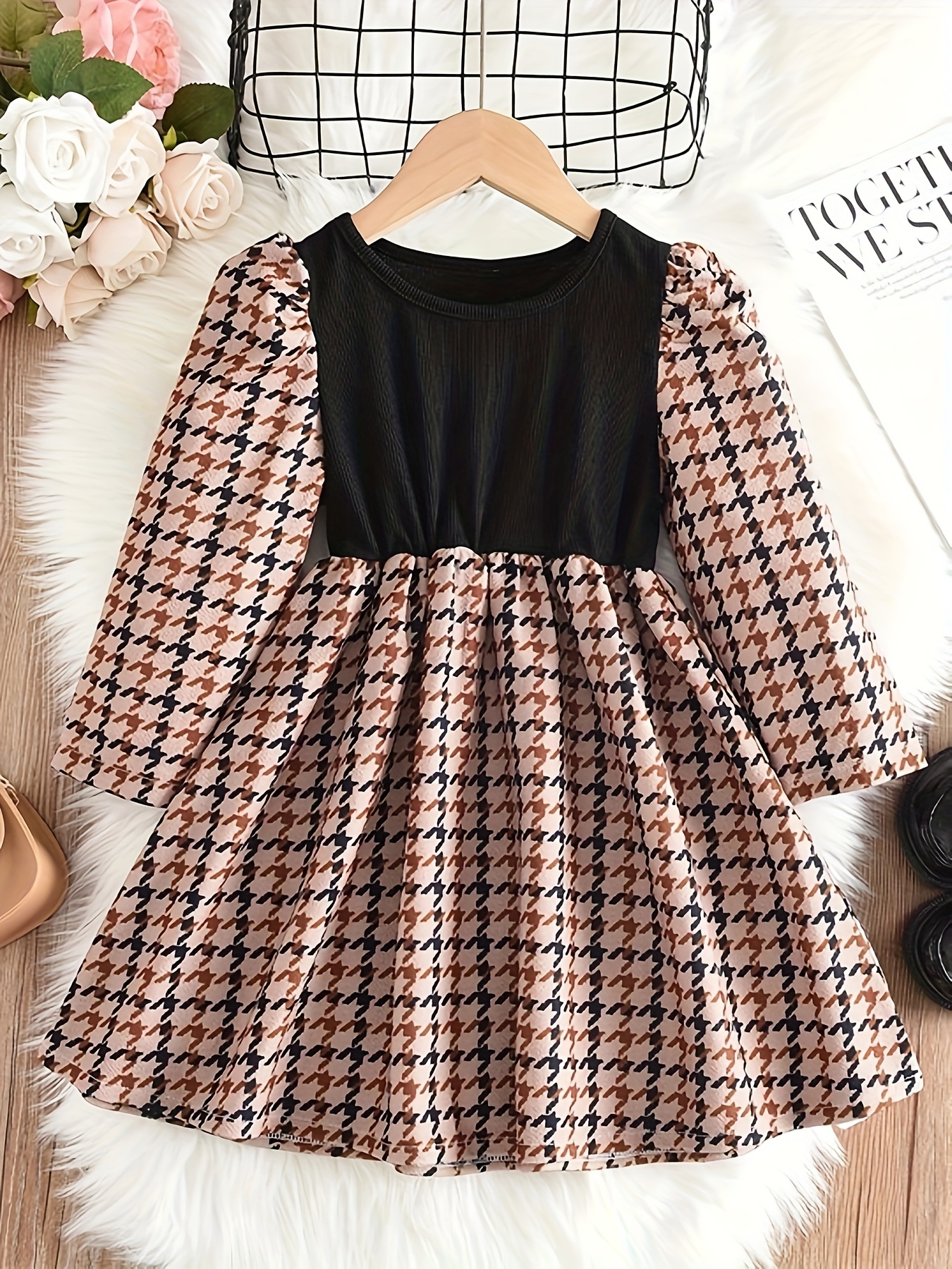 Girls Mock Collar Long Sleeve Houndstooth Dress Kids Clothes Fall Winter  Outfits - Kid's Fashion - Temu