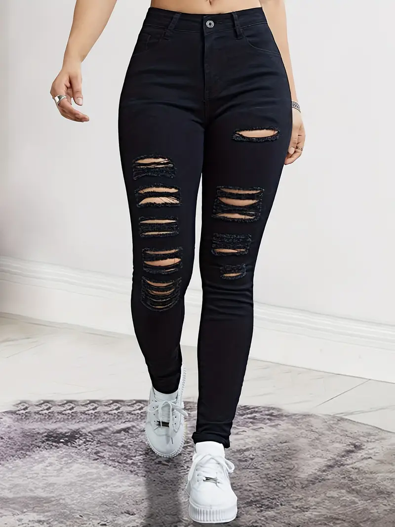 Ripped Holes Casual Skinny Jeans High Stretch Distressed - Temu