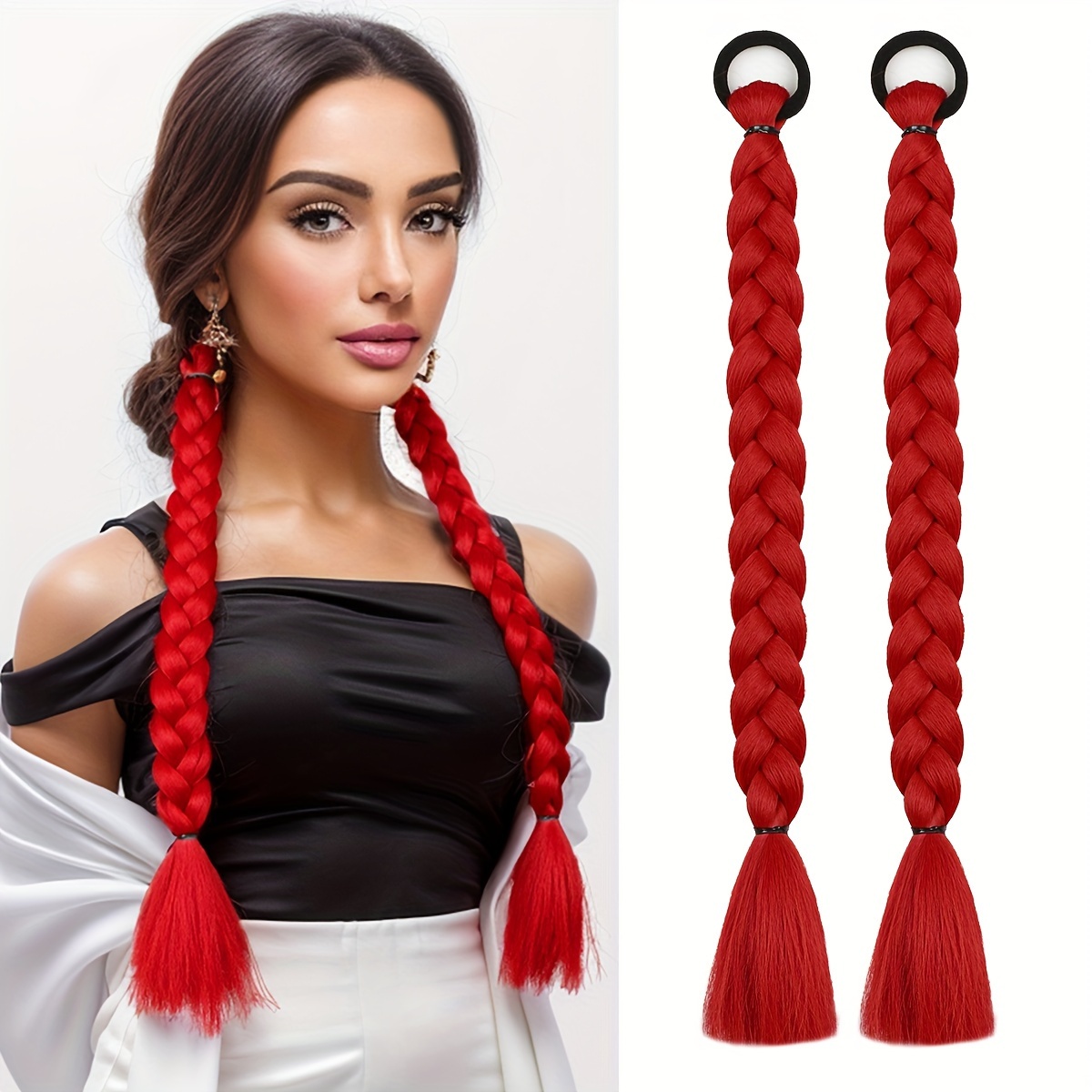 Long Braided Ponytail Extension Hair Tie New Year Red Double - Temu