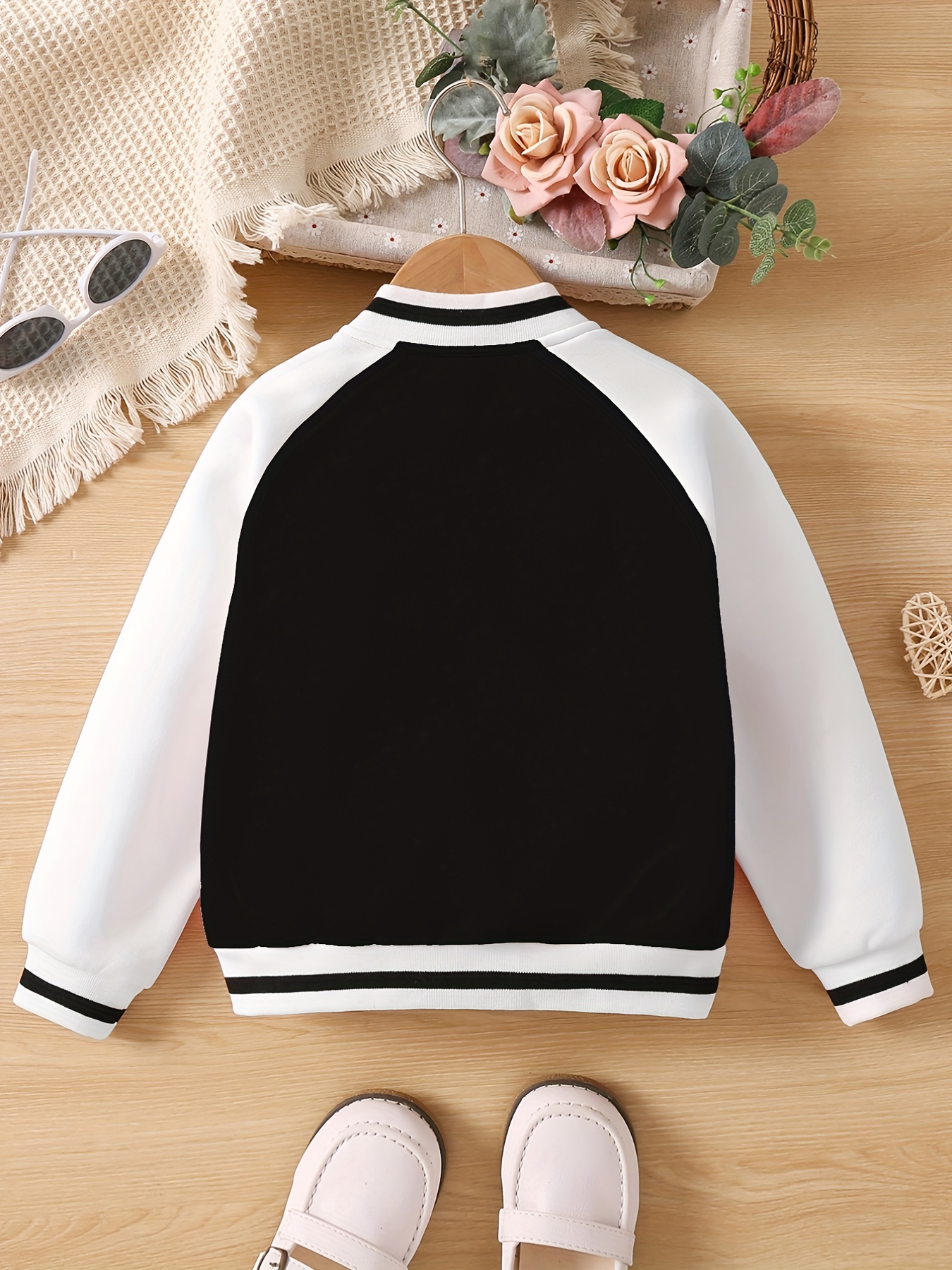 Girls Cute Casual Baseball Jacket, Baseball Collar Long Sleeve Thermal Kids Clothes Winter Outwear,Black,Temu