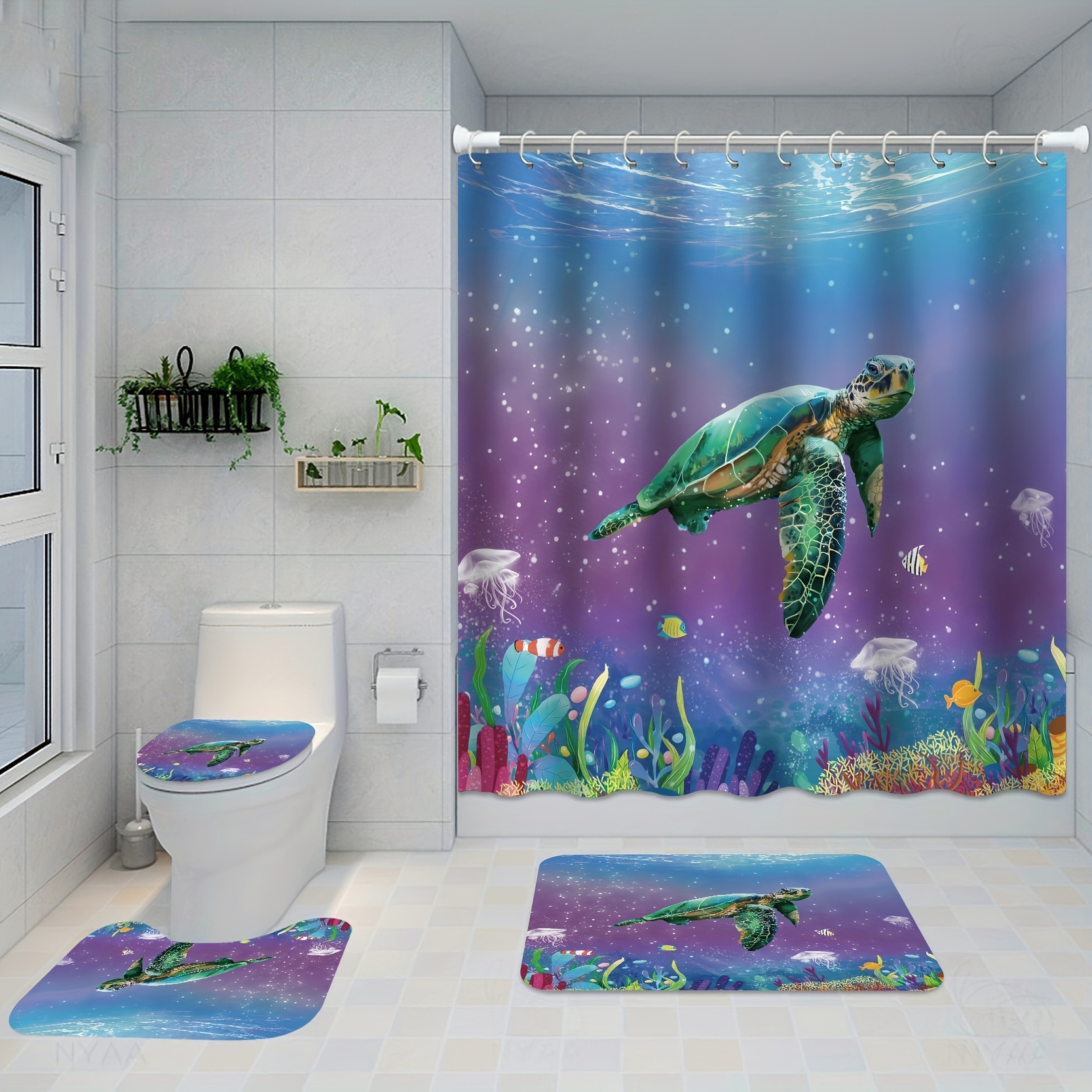 Turtle Shower Curtain Four-piece Set, Bathroom Decor Sets With Rugs Include  Waterproof Shower Curtain Non-slip Rug Toilet Lid Cover Bath Mat And 12  Plastic Hooks - Temu