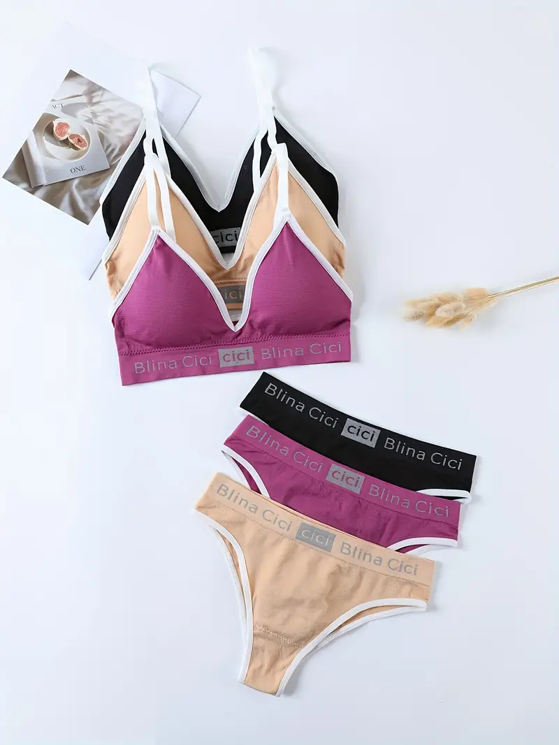 3 Sets Letter Print Bra & Panties, Wireless Sports Bra & Elastic Panties  Lingerie Set, Women's Lingerie & Underwear