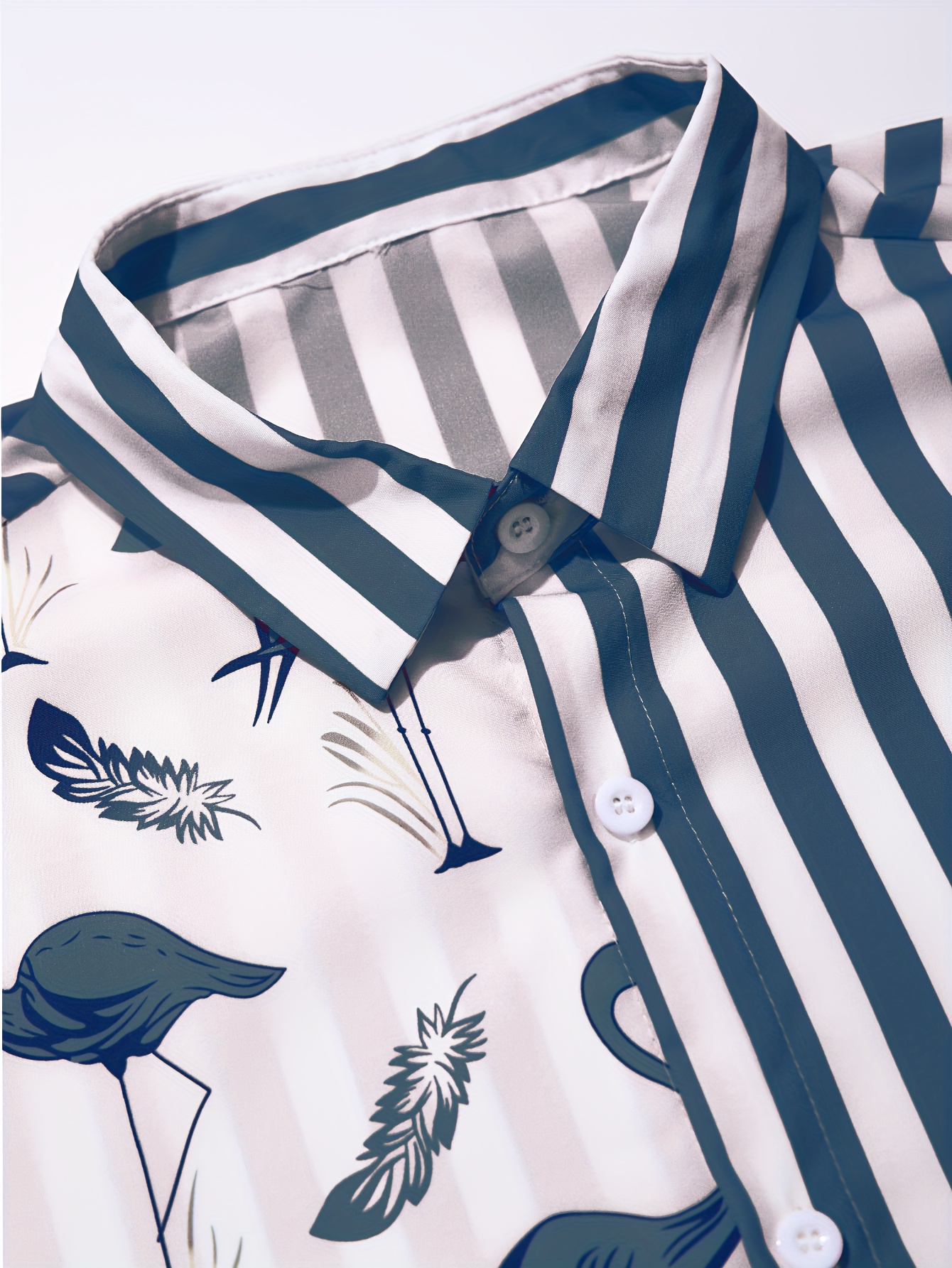 Button Up Bird Print Striped Shirt In LIGHT BLUE