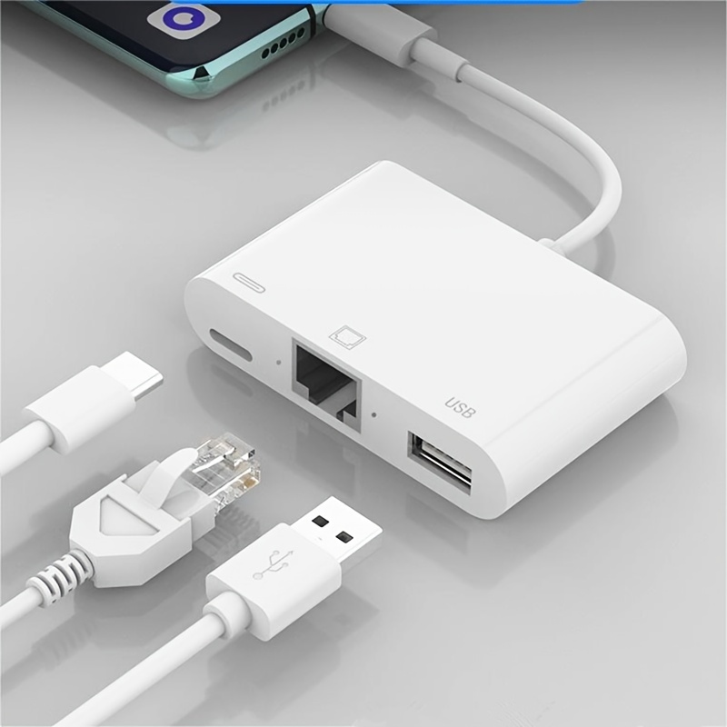 USB 2.0 Type-C HUB 3 ports Adaptateur Fast Ethernet RJ45 Convertisseur  d'extension de carte réseau 100 Mbps pour Macbook 