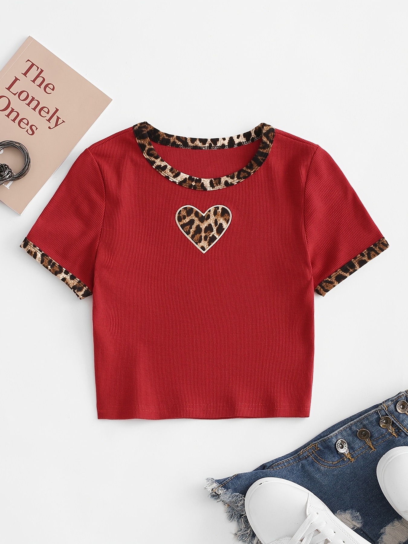 Leopard Heart T shirt Valentine's Day Gifts Crew Neck Short - Temu