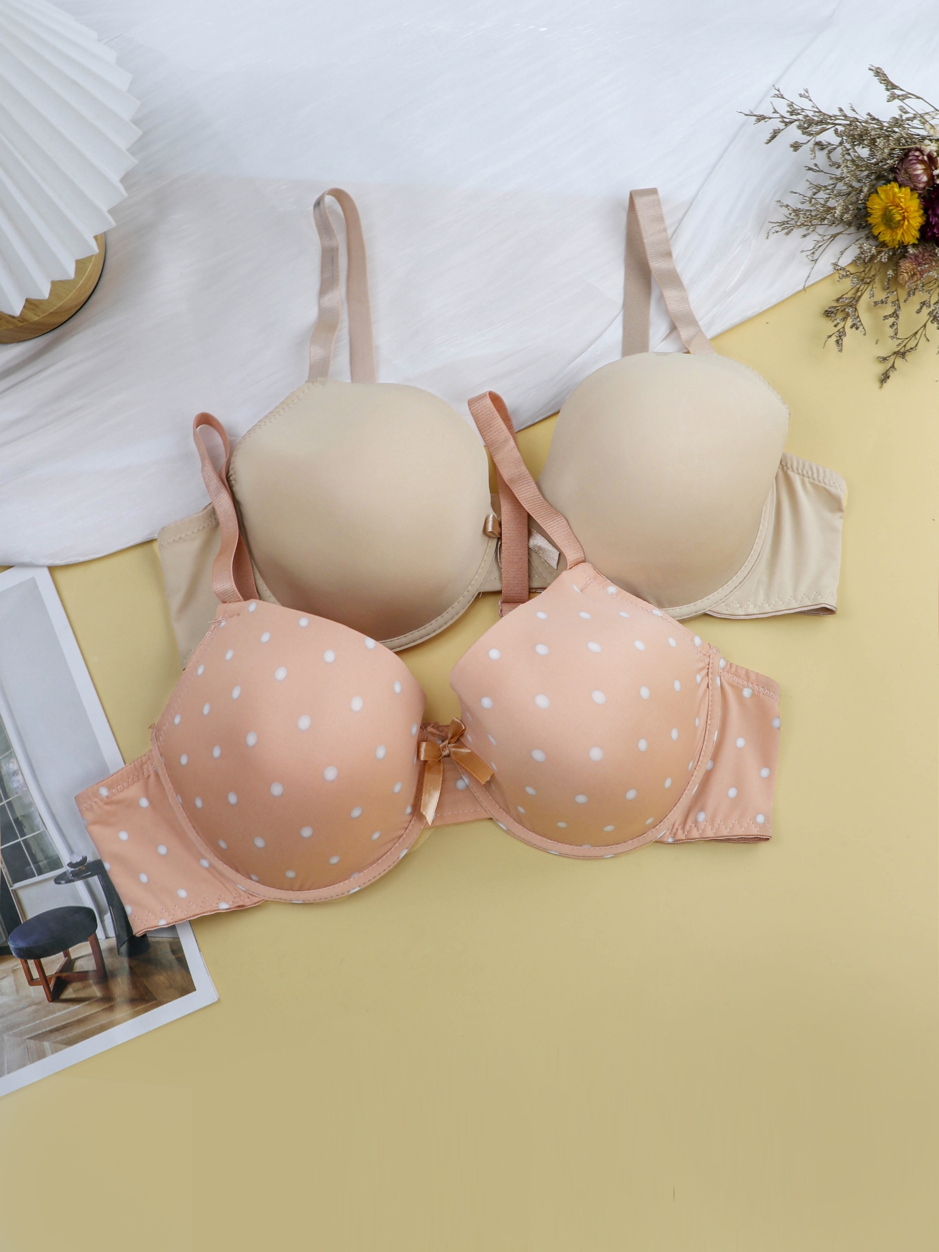 2 Pack Plus Size Elegant Bra Set, Women's Plus Polka Dot Print Bow Front  Padded Molded Cup Bra Two Piece Set