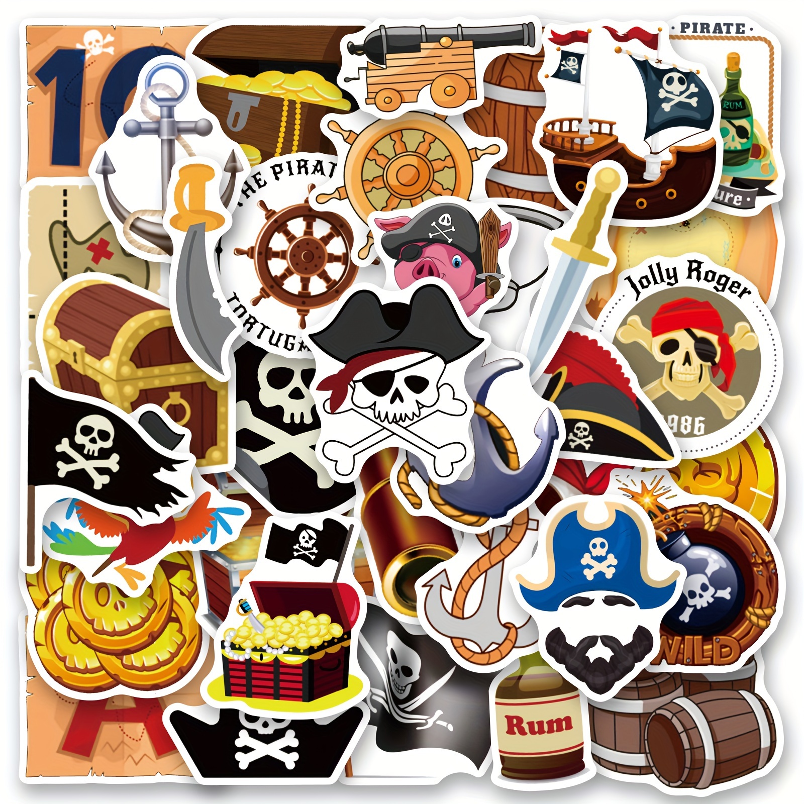 50pcs Pirate Stickers for Kids Teens Adults, Funny Pirate Crossbones Stickers, Cartoon Pirate Party Decorations Stickers for Laptops Water Bottles