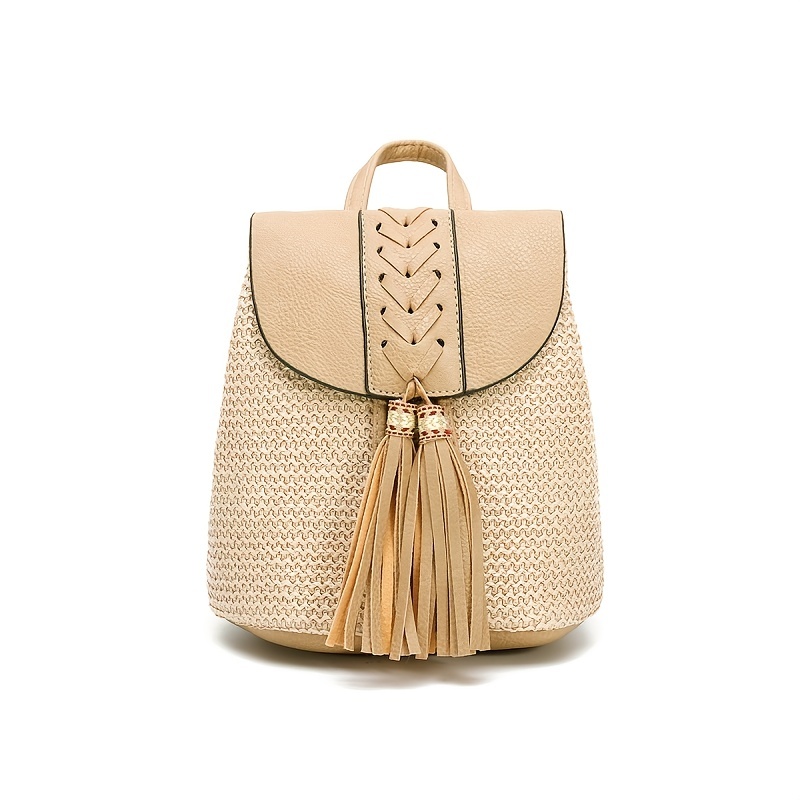 Straw Backpack Flap Drawstring Shoulder Bag Travel Beach Daypack Khaki 
